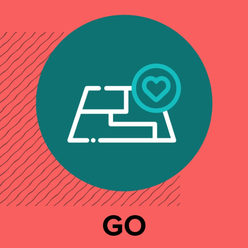 A graphic icon of a stylized map with a heart pin on a teal circle. The background is coral with diagonal lines, and the word GO is below the icon.