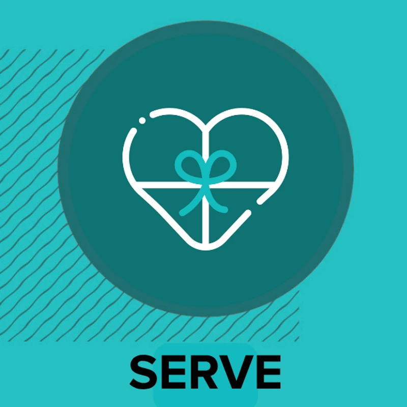 A graphic icon for 'serve' featuring a white outline of a heart-shaped gift box with a teal bow on a dark teal circle, set against a teal background.