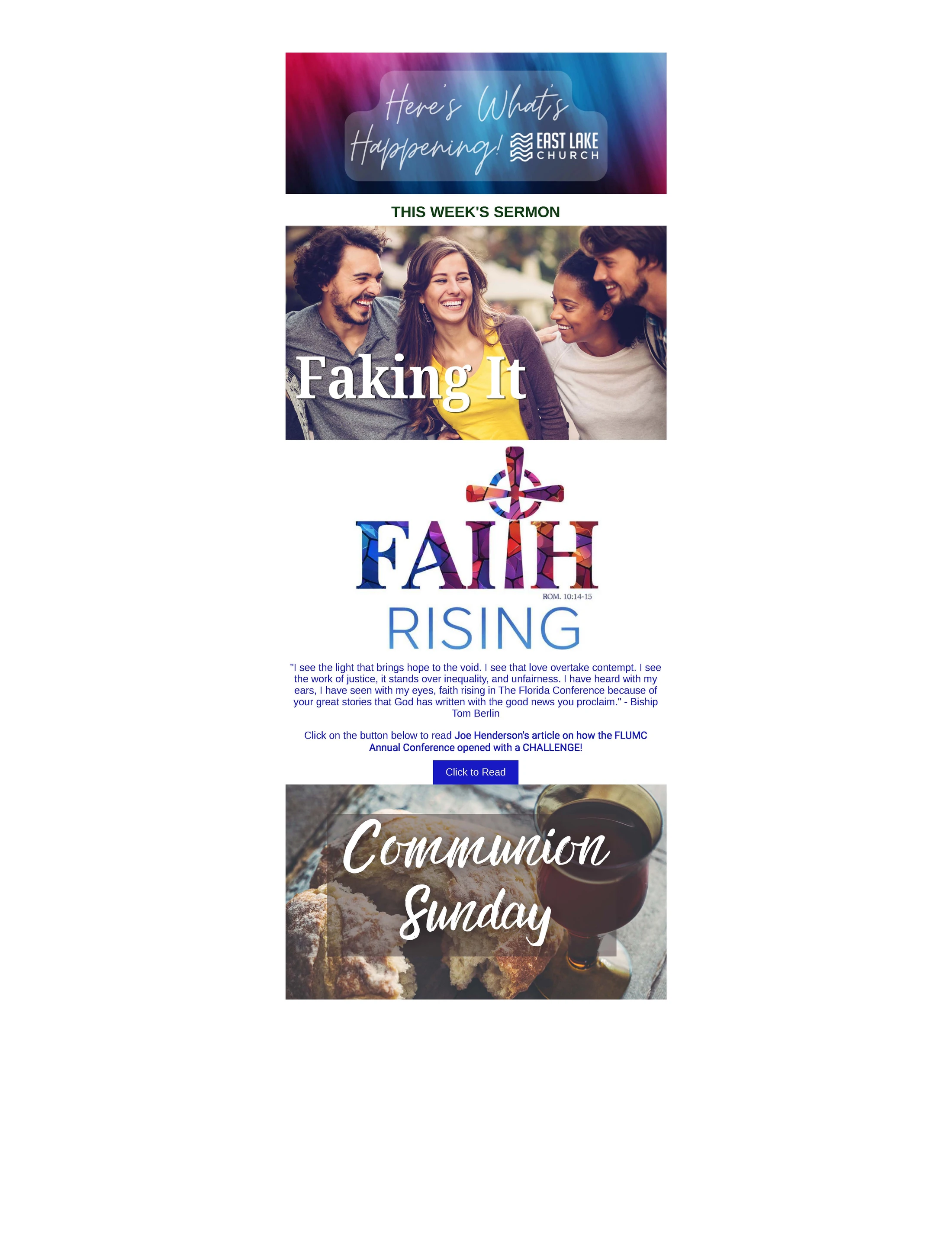 A church newsletter for East Lake Church, featuring this week's sermon 'Faking It', a 'Faith Rising' feature, and a notice for Communion Sunday.