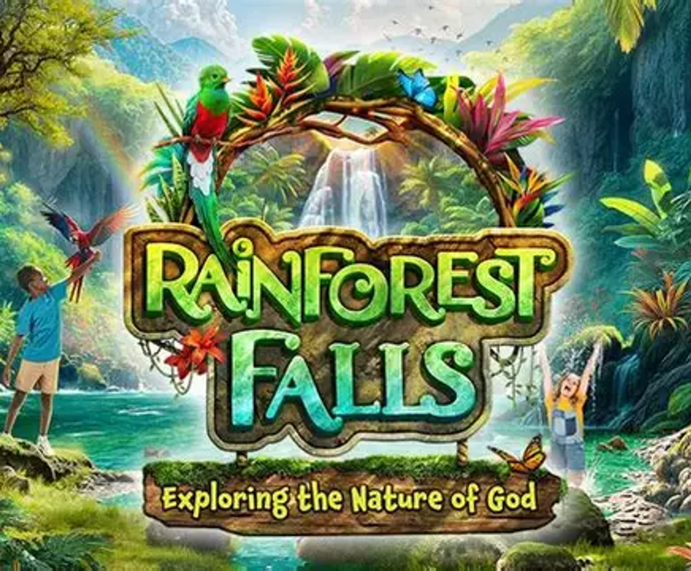 A colorful illustration for "Rainforest Falls" showing children playing with parrots and butterflies near a jungle waterfall, with lush plants and a rainbow.