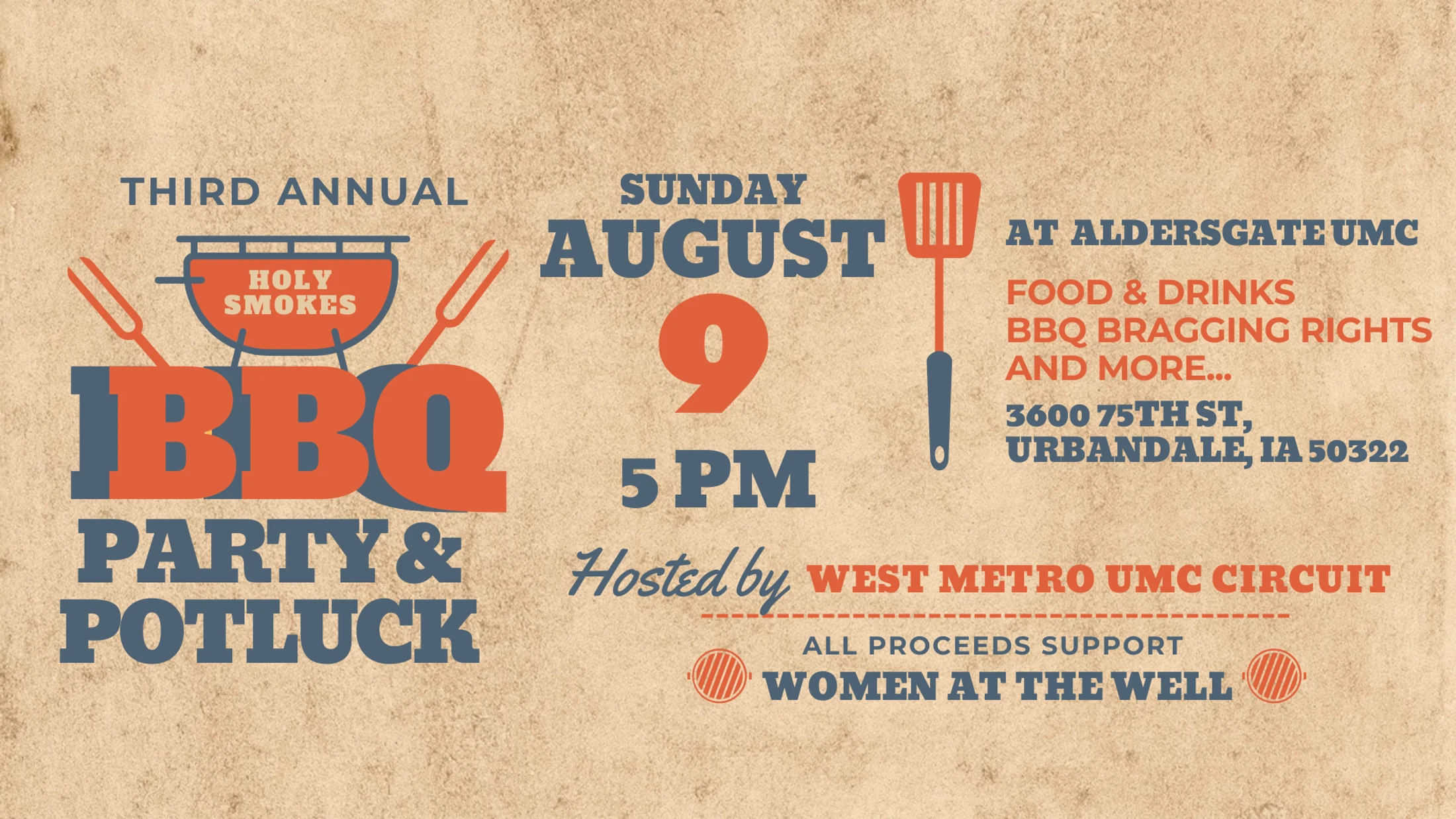 A flyer for a BBQ party and potluck on Sunday, August 9 at 5 PM. The event is a fundraiser for Women at the Well, hosted by West Metro UMC Circuit.
