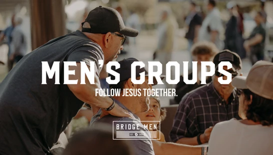 A group of men gather outdoors. One man has his hand on another's shoulder in fellowship. The text reads "Men's Groups. Follow Jesus together."