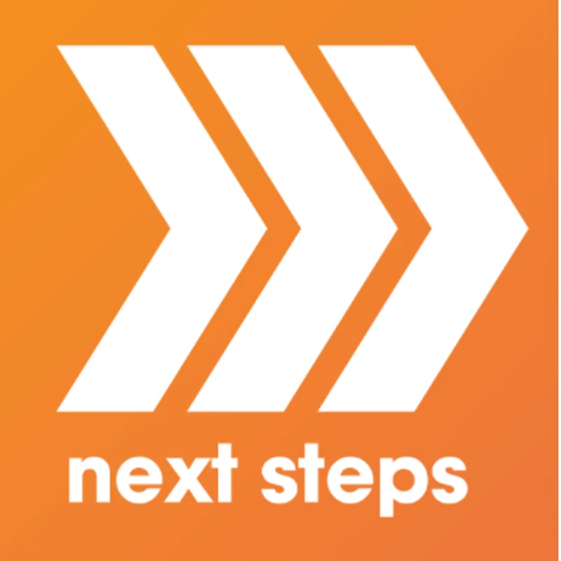 An orange square with three white arrows pointing right, above the words 'next steps' in white lowercase letters.