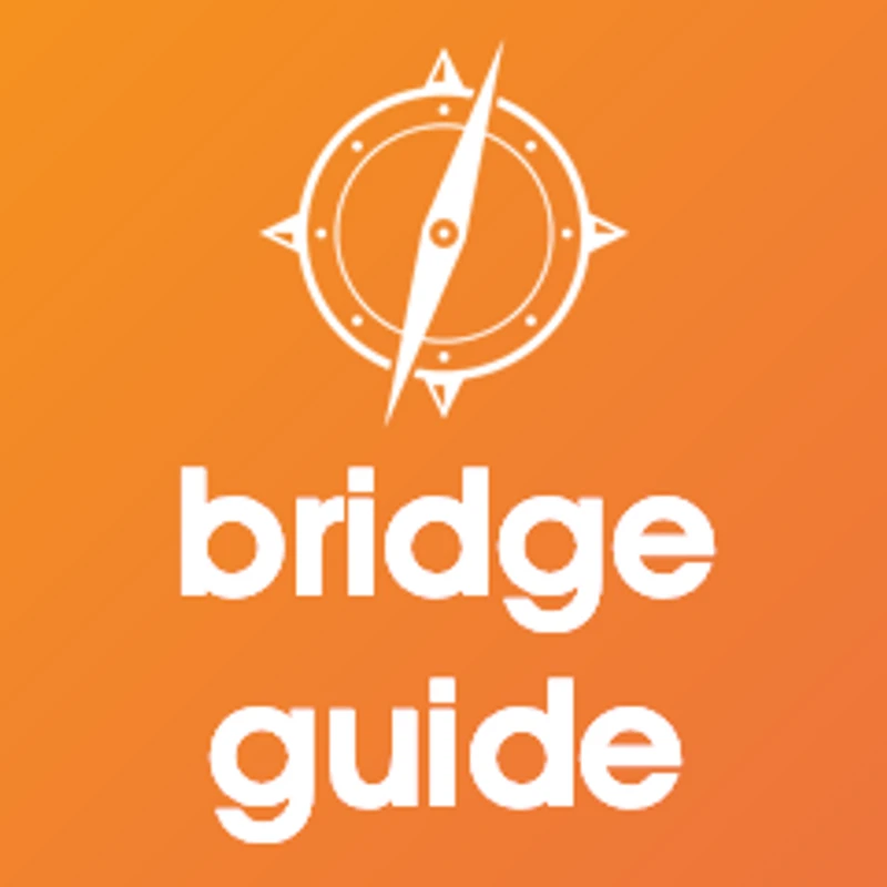 The Bridge Guide logo, featuring a white compass icon over the words 'bridge guide' in lowercase, set against a bright orange background.