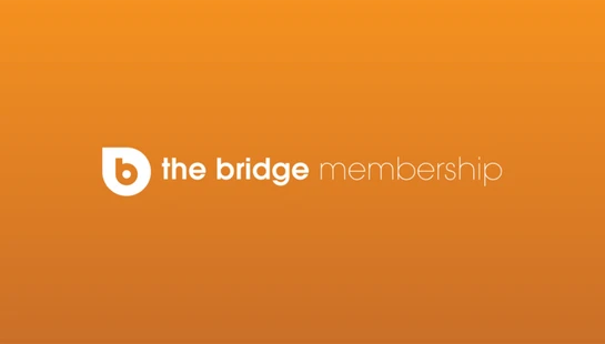 The Bridge Membership logo in white text on a solid orange background. The logo is a stylized lowercase 'b' inside a teardrop shape.