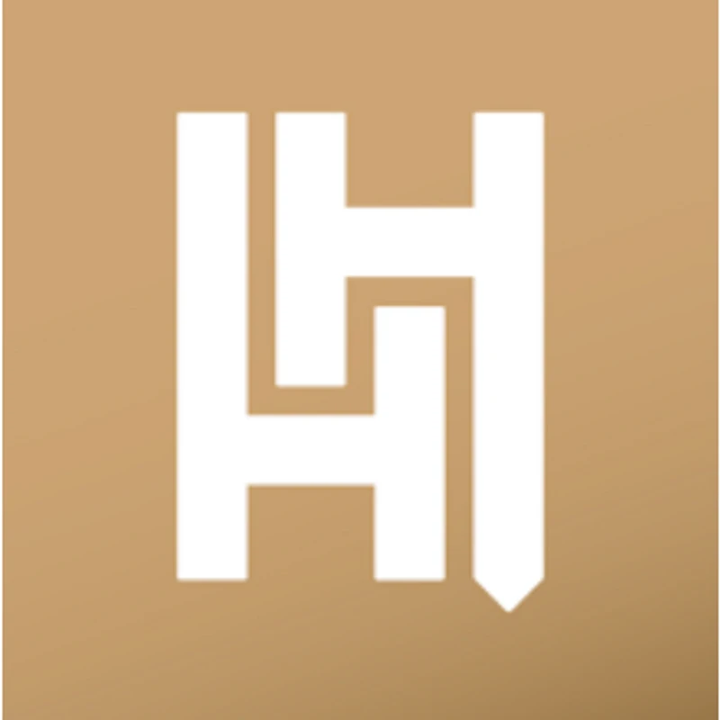 A modern, white logo featuring a stylized letter 'H' composed of interlocking blocky shapes on a solid brown background. The right vertical bar ends in a point.