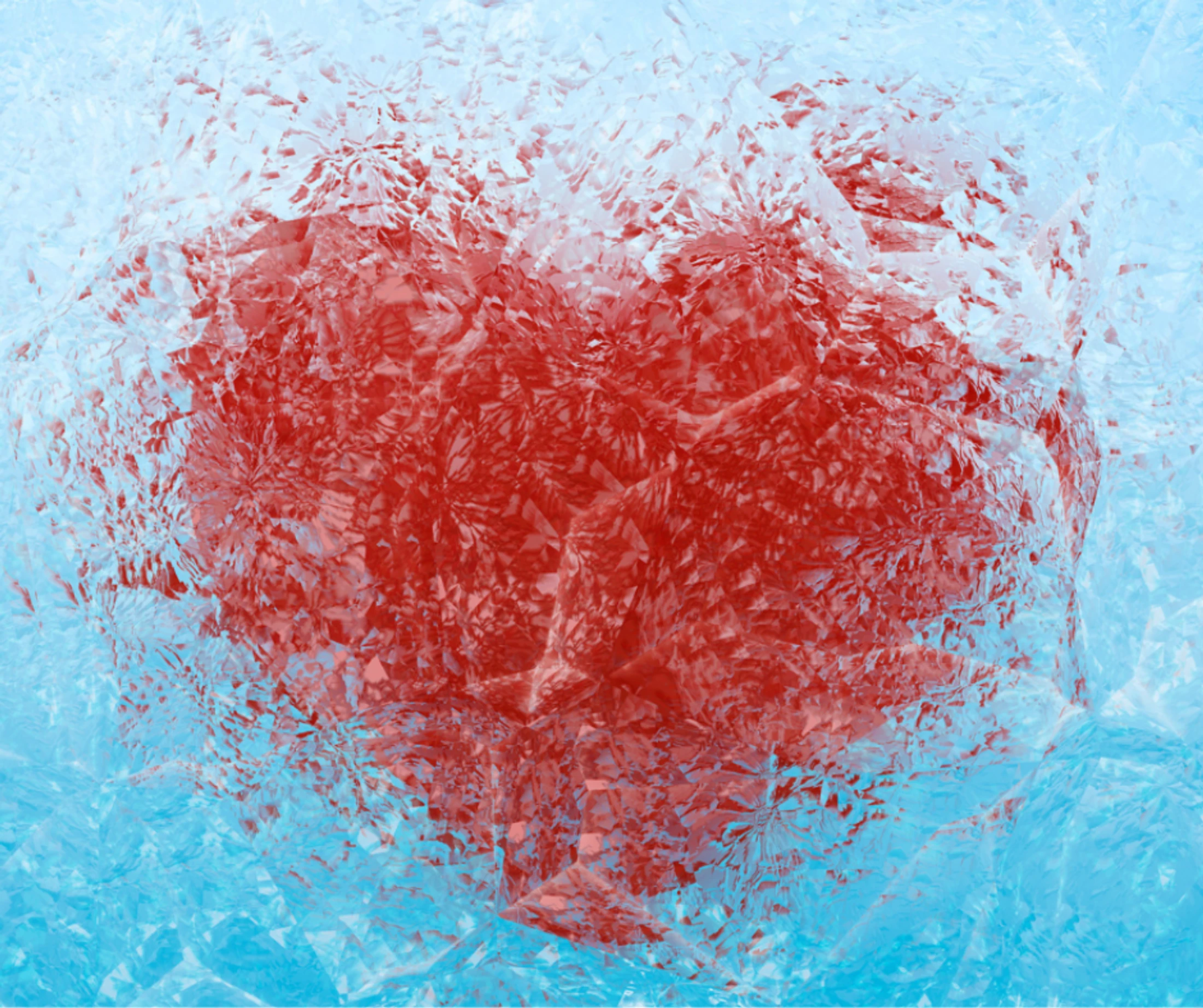 An abstract illustration of a large red heart shape seen through a fractured surface of light blue, crystalline ice.