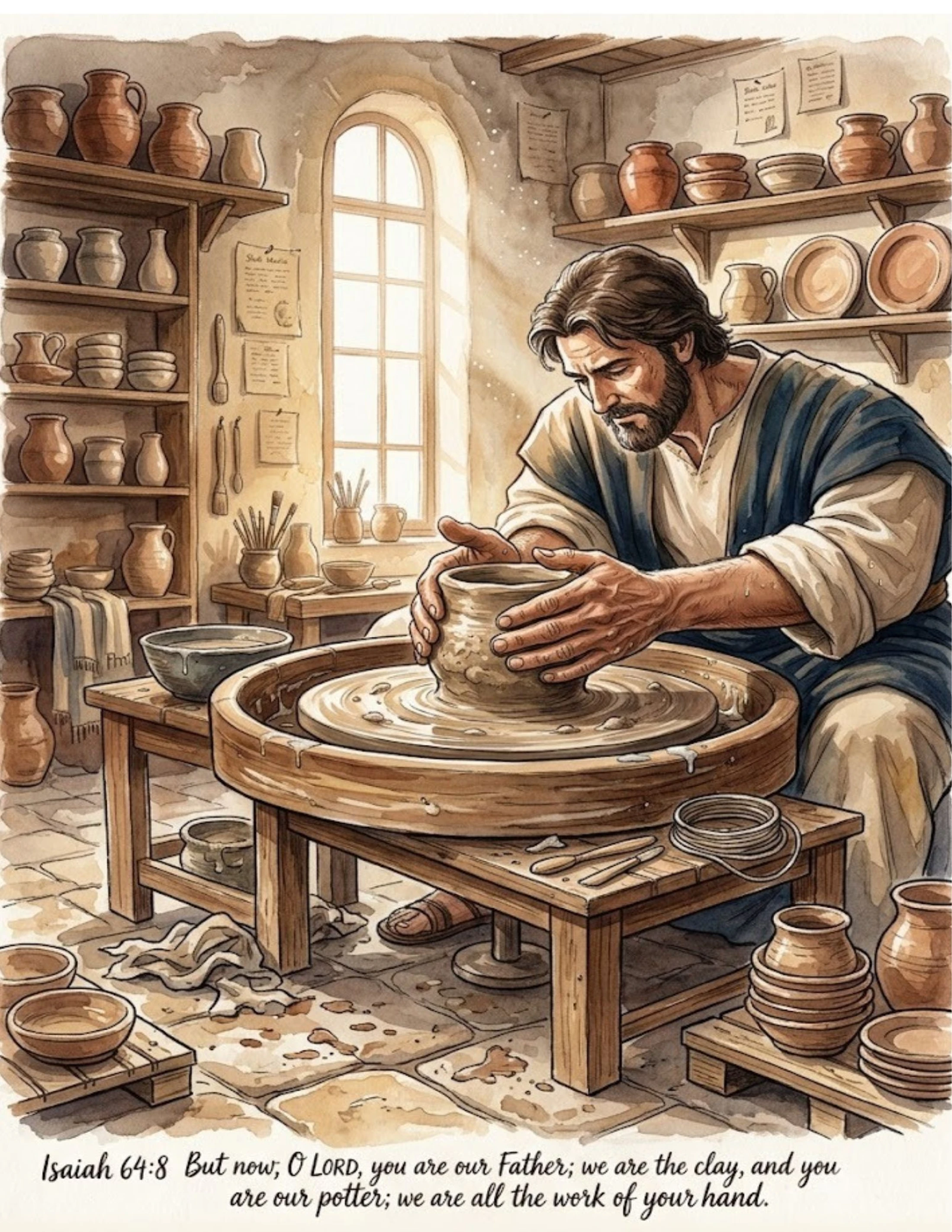 A watercolor illustration of a man in biblical robes shaping a clay pot on a potter's wheel. The image includes the Bible verse Isaiah 64:8.
