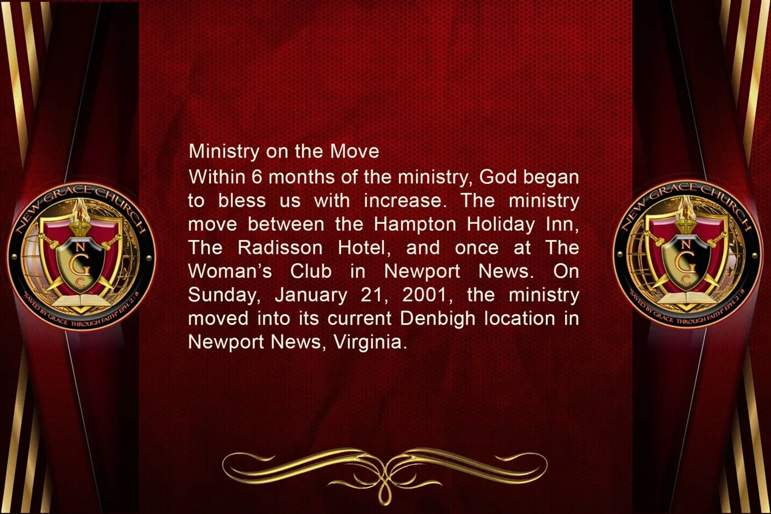 A presentation slide with a red background detailing the history of New Grace Church's ministry, flanked by the church's gold and red logo on both sides.
