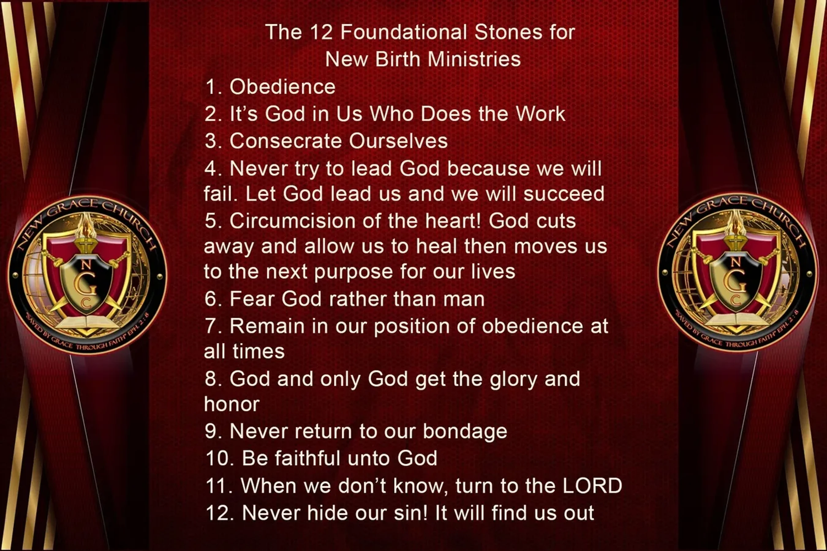 A graphic on a red background listing the 12 Foundational Stones for New Birth Ministries, flanked by the New Grace Church logo on both sides.