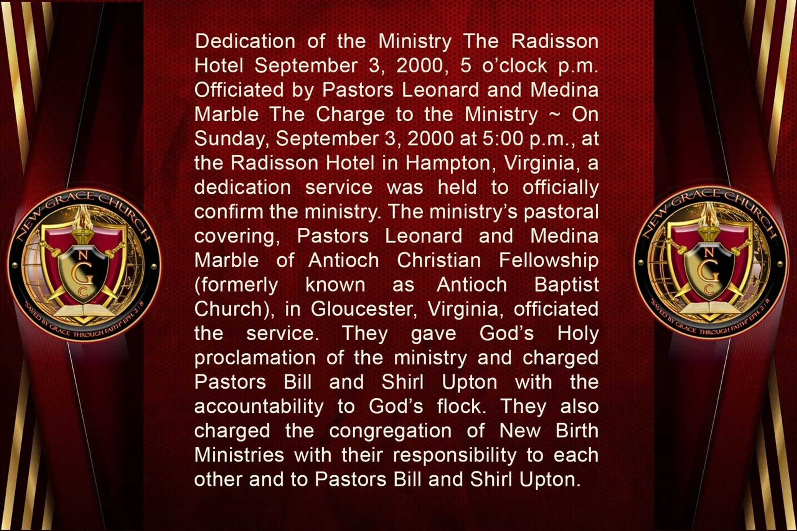 An announcement for the ministry dedication on Sept 3, 2000. The text is on a red background flanked by two New Grace Church logos with gold accents.