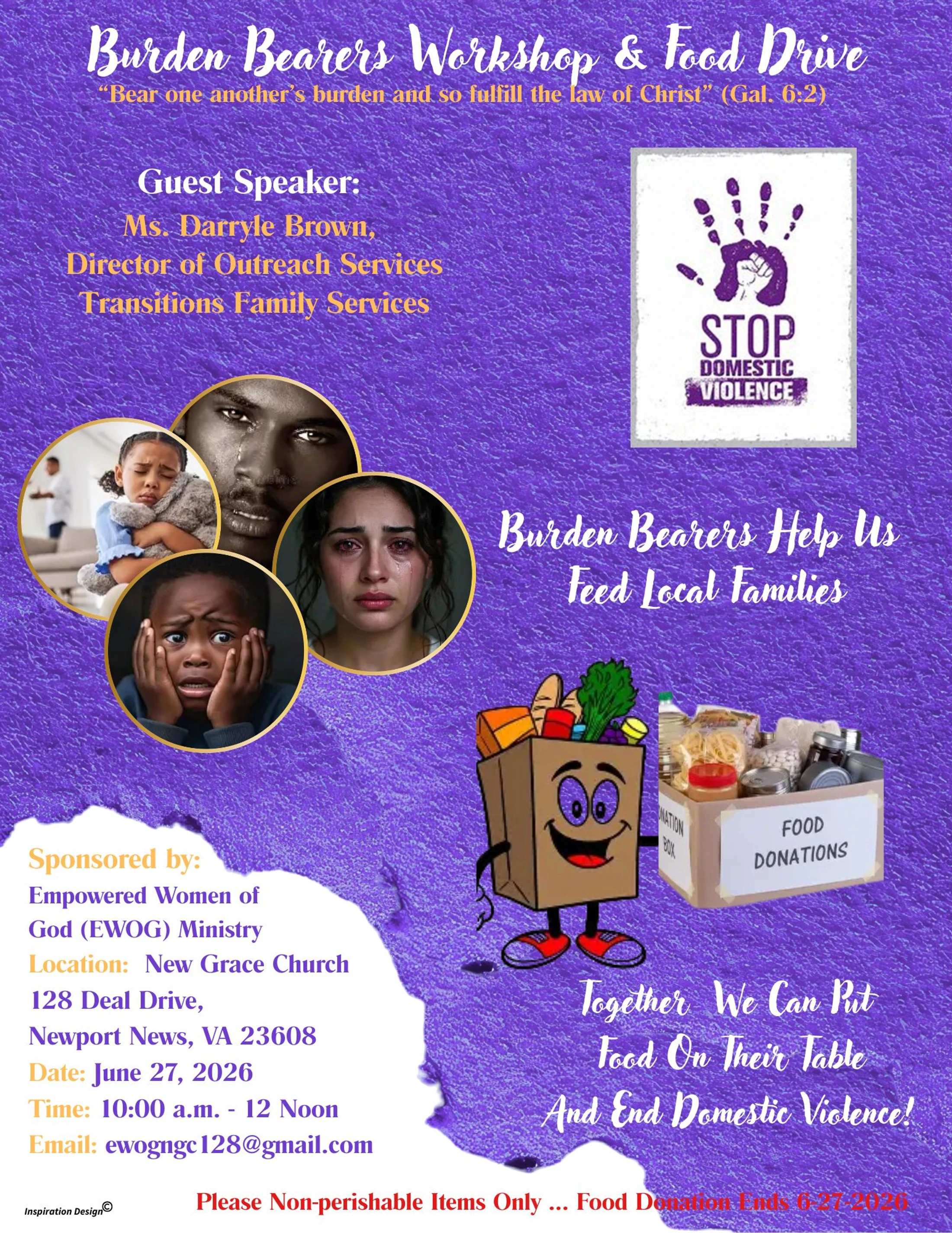 A purple flyer for a Burden Bearers Workshop and Food Drive to end domestic violence. It shows photos of distressed people and event details for June 27, 2026.