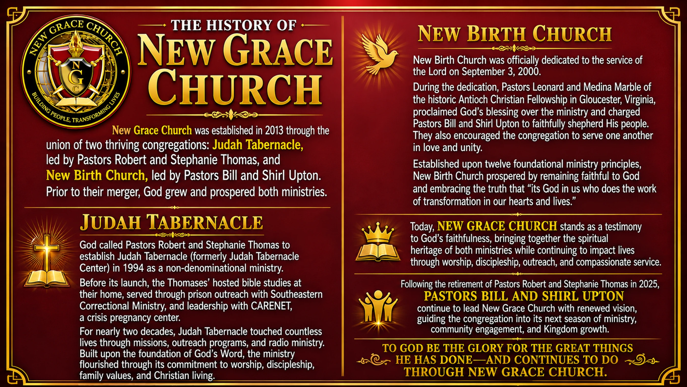A maroon and gold poster outlining the history of New Grace Church, which formed from the union of two congregations: Judah Tabernacle and New Birth Church.