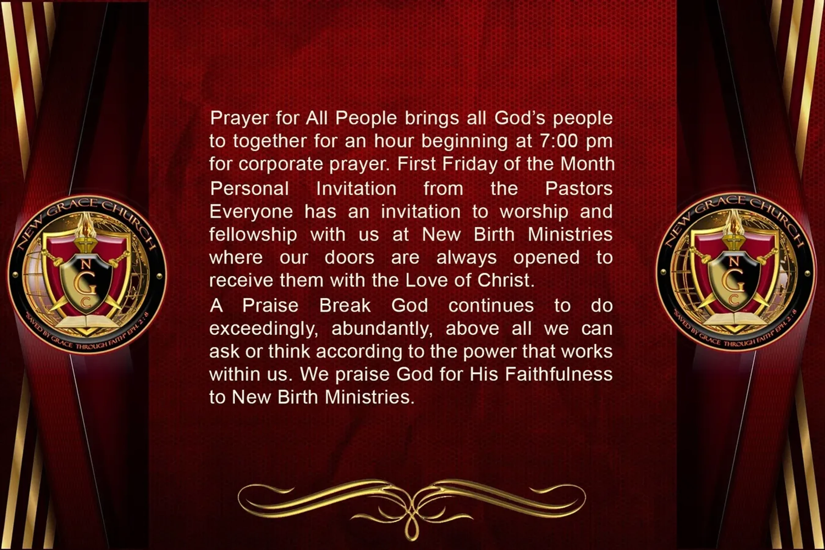 An invitation for a church prayer event on a textured red background with gold accents. The New Grace Church logo appears on the left and right sides.