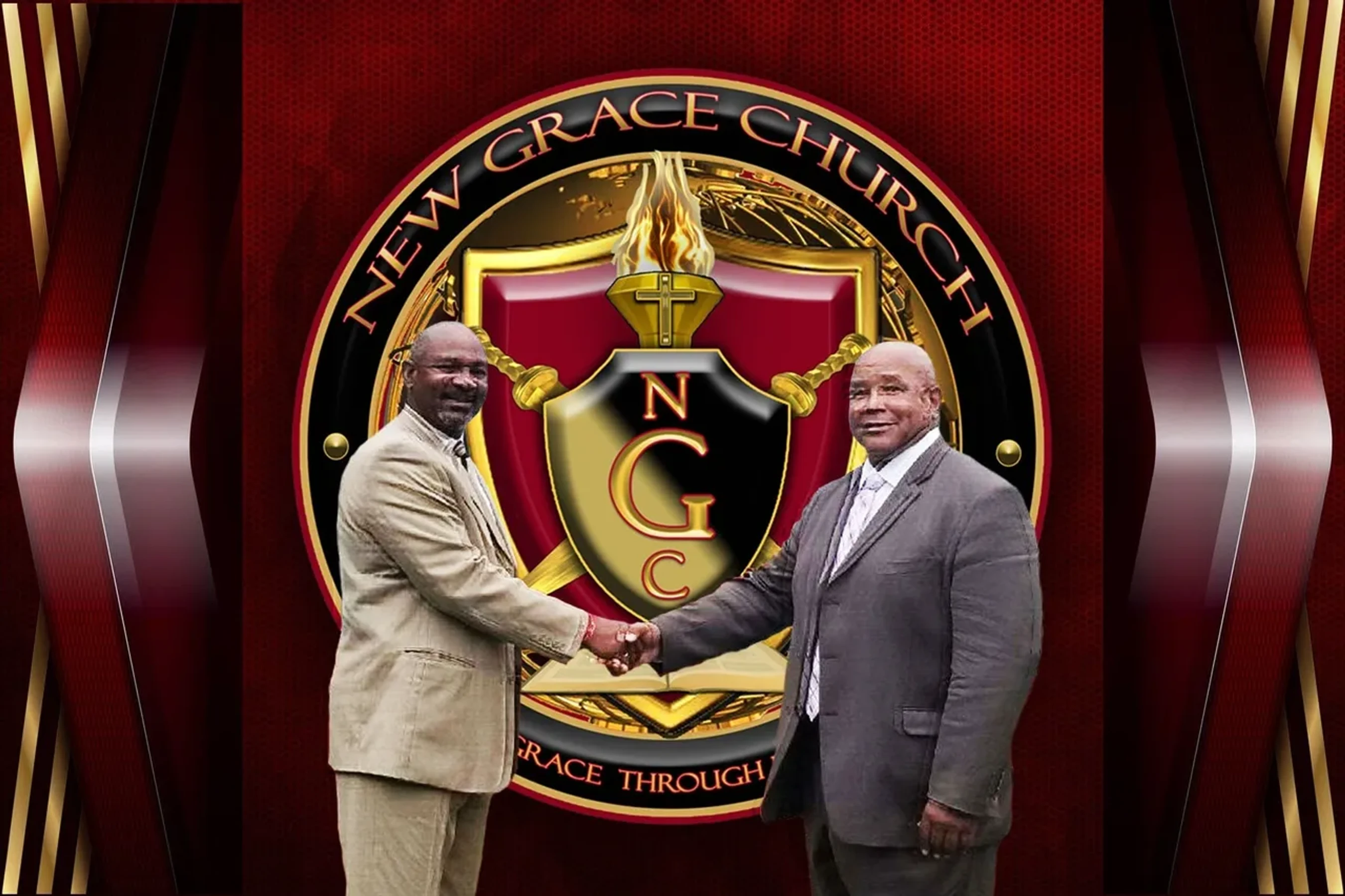 Two men in suits smile and shake hands in front of an ornate red and gold circular logo for 'New Grace Church' on a decorative background.