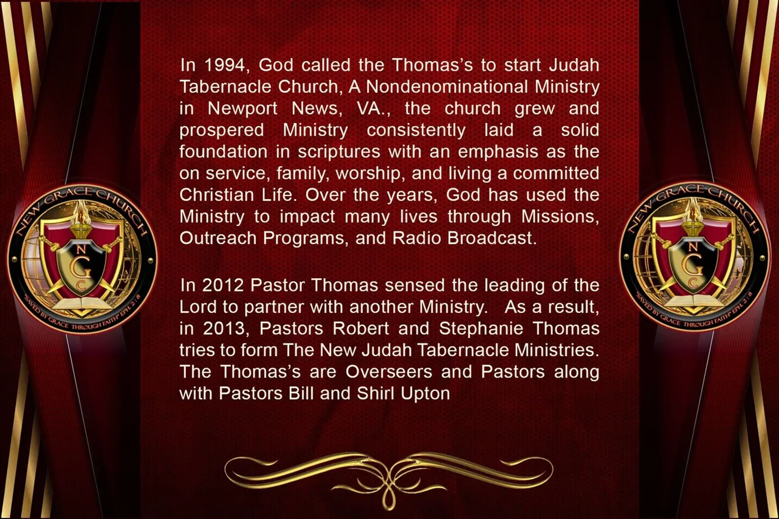 A graphic with a red and gold background detailing the history of the Judah Tabernacle Church, flanked by two logos for 'New Grace Church'.
