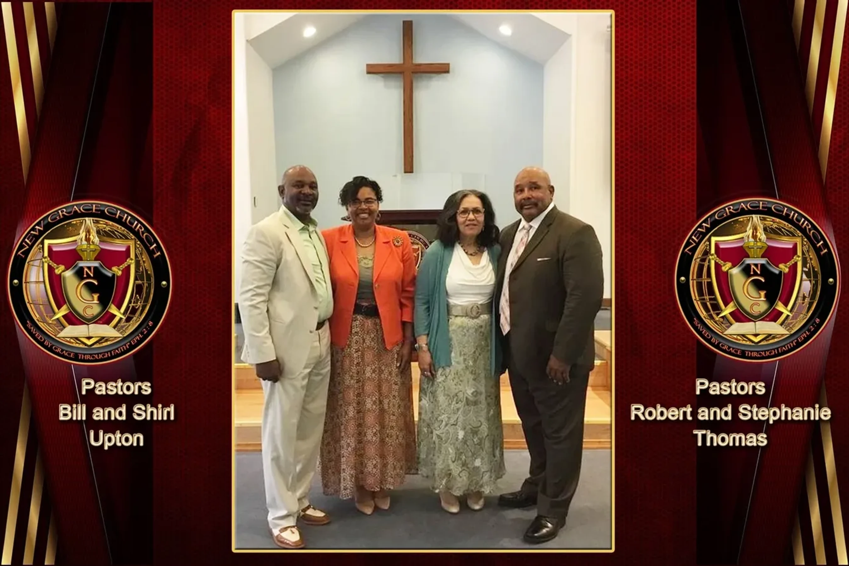 A photo collage showing two pastoral couples, Bill and Shirl Upton and Robert and Stephanie Thomas, standing together in a church in front of a wooden cross.