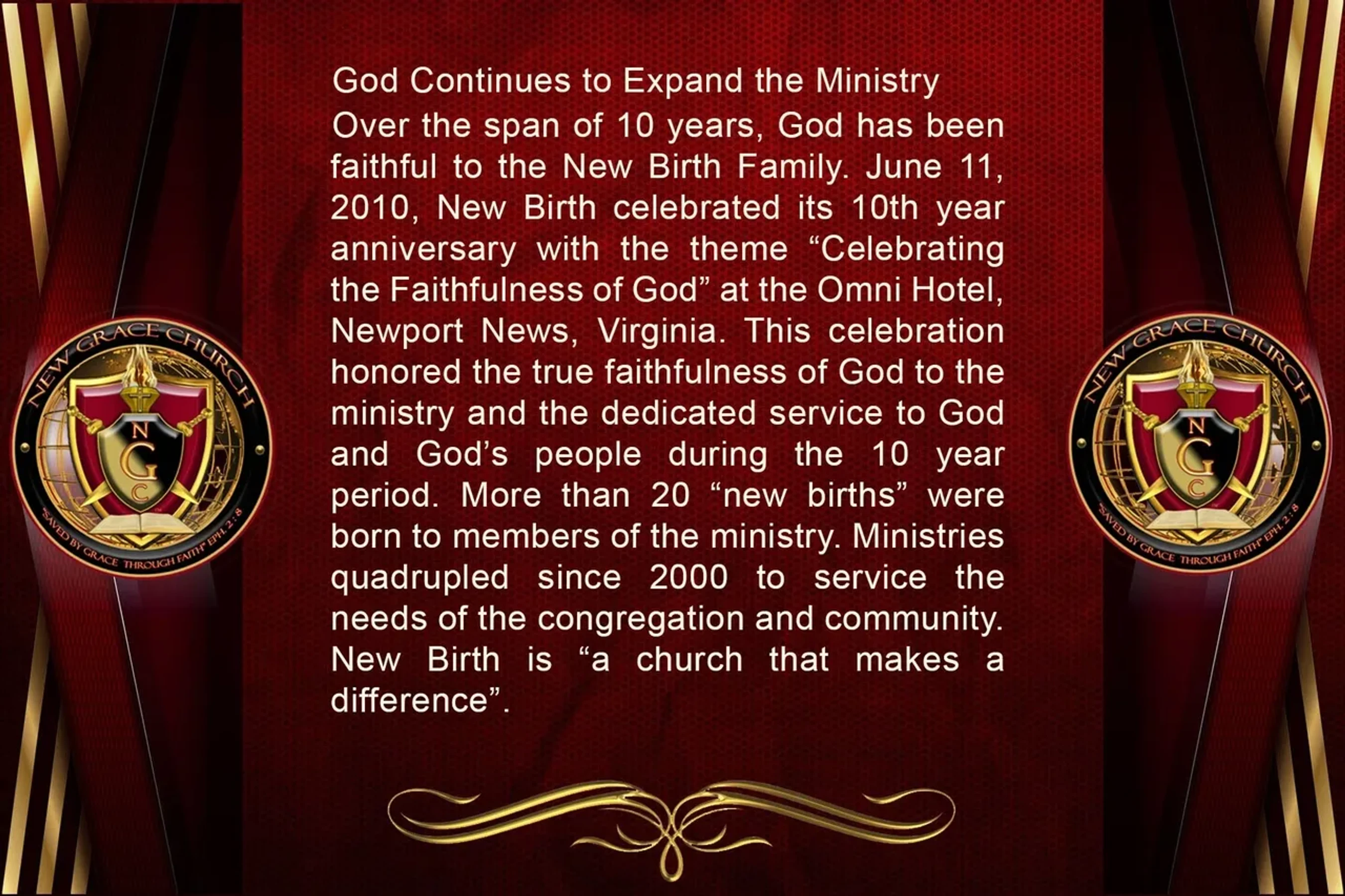 An announcement celebrating the 10th anniversary of the New Birth ministry, set against a red background with the New Grace Church logo on either side.