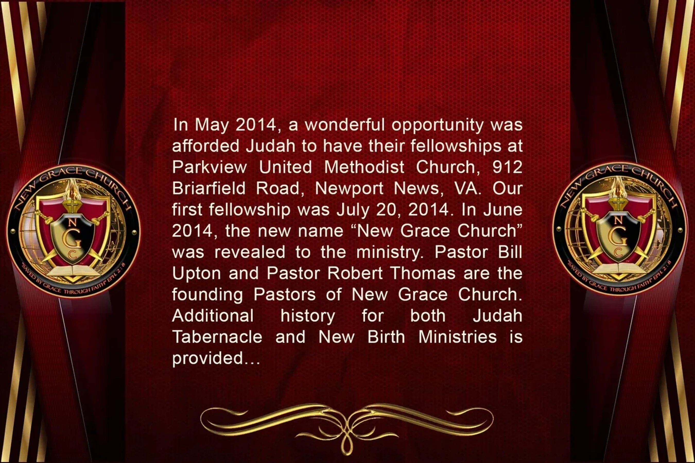A presentation slide with a red textured background and gold accents detailing the founding history of New Grace Church, with its logo on either side.