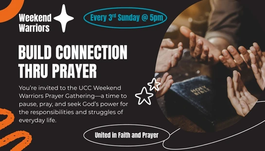 A graphic for a prayer gathering with text 'Build Connection Thru Prayer'. A photo shows hands raised in prayer over a Holy Bible.