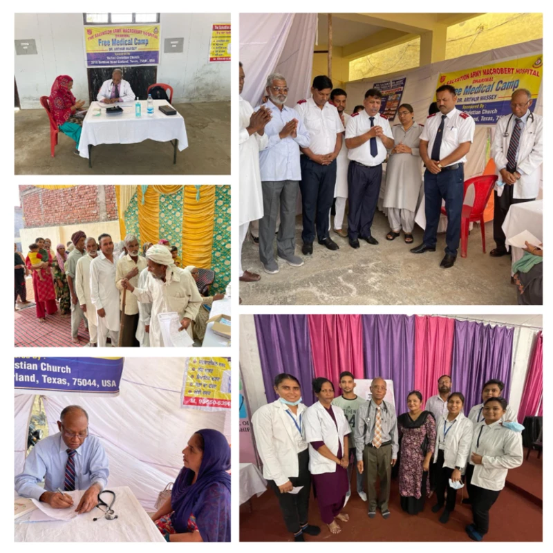 A photo collage from a free medical camp showing doctors seeing patients, a queue of local people, staff in prayer, and a group photo of the medical team.