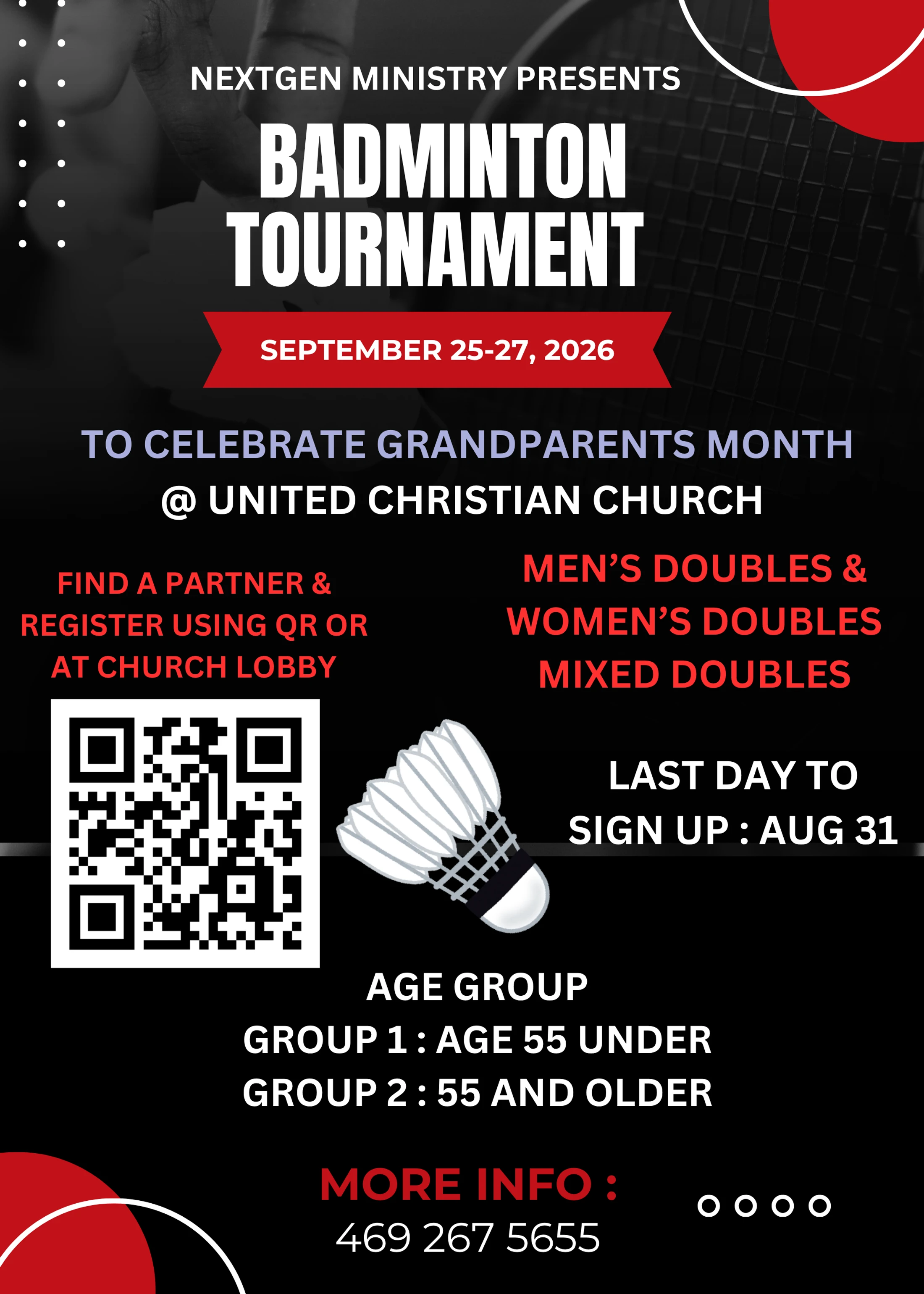 A black and red poster for a Badminton Tournament on September 25-27, 2026, to celebrate Grandparents Month. It includes a QR code to register.