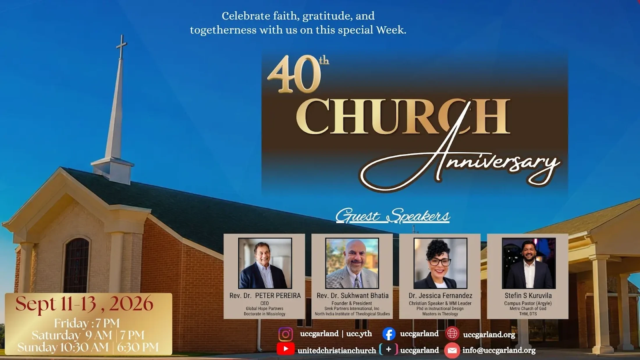Promotional flyer for a 40th Church Anniversary on Sept 11-13, 2026, showing the church building, event details, and photos of four guest speakers.