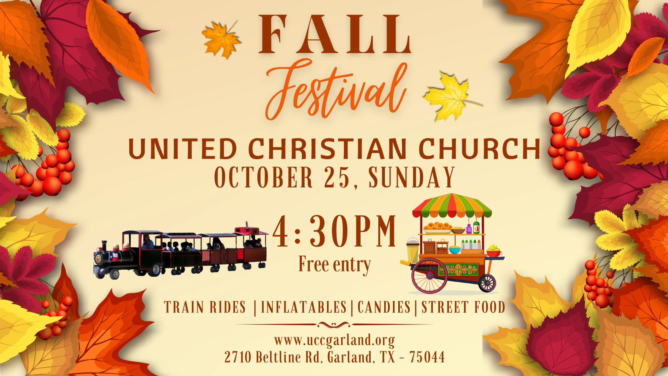 A flyer for a Fall Festival at United Christian Church on Sunday, October 25. The background has autumn leaves, a small train, and a street food cart.
