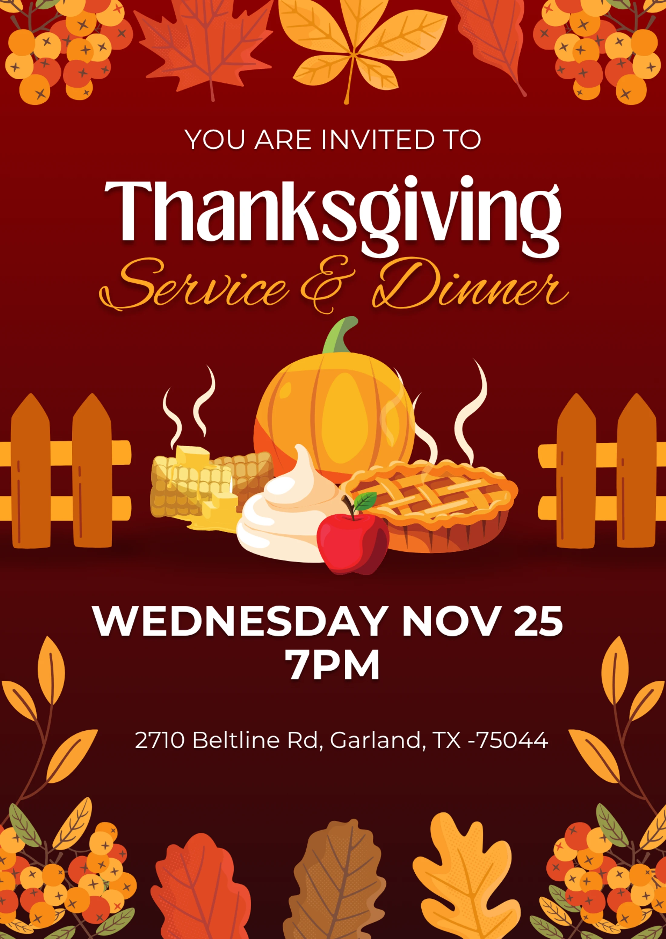 An invitation for a Thanksgiving Service & Dinner on Nov 25. The poster has a red background with illustrations of autumn leaves, a pumpkin, and holiday food.