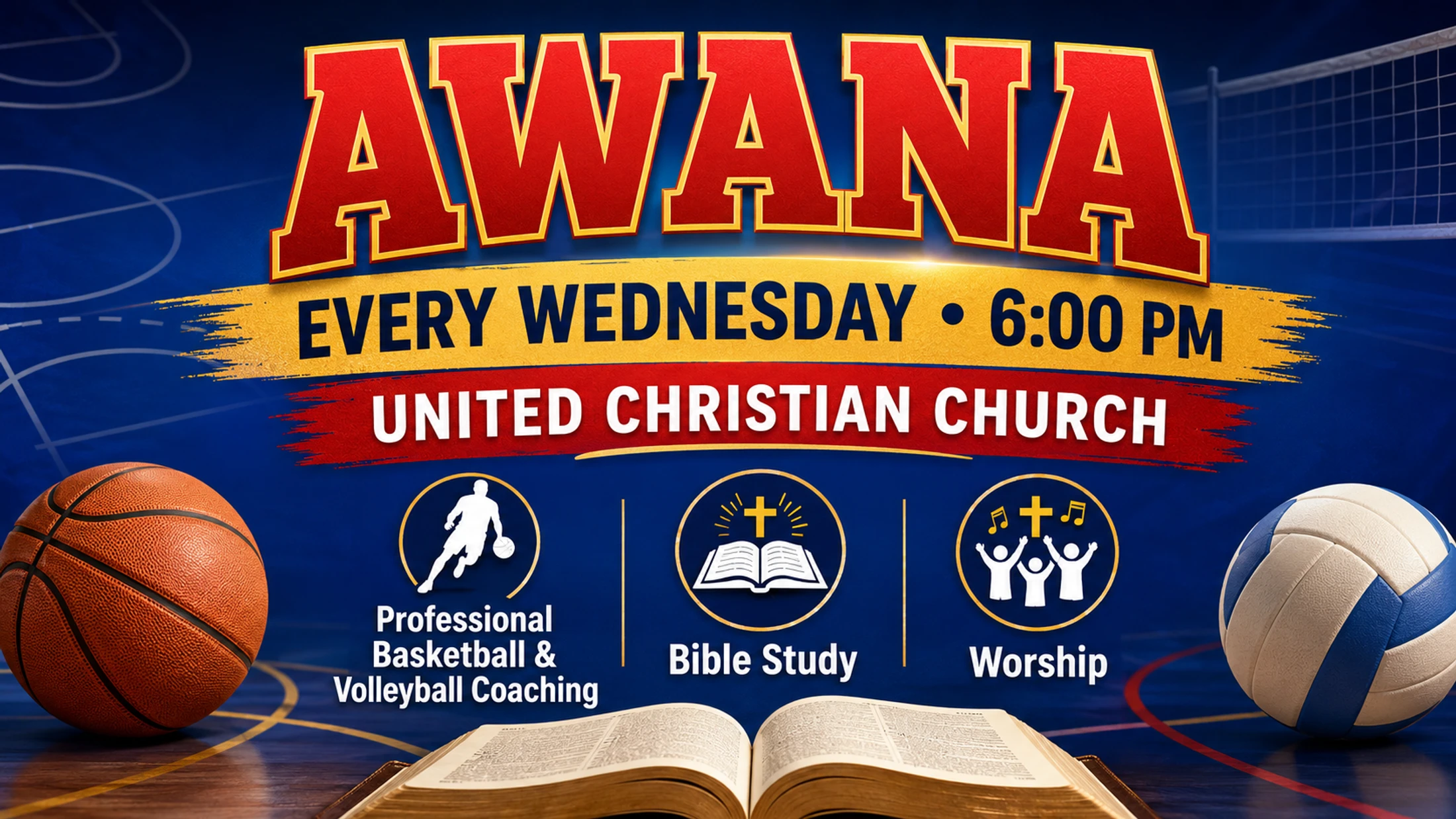 Promotional graphic for AWANA at United Christian Church, showing a basketball, volleyball, and bible. The event is every Wednesday at 6 PM.