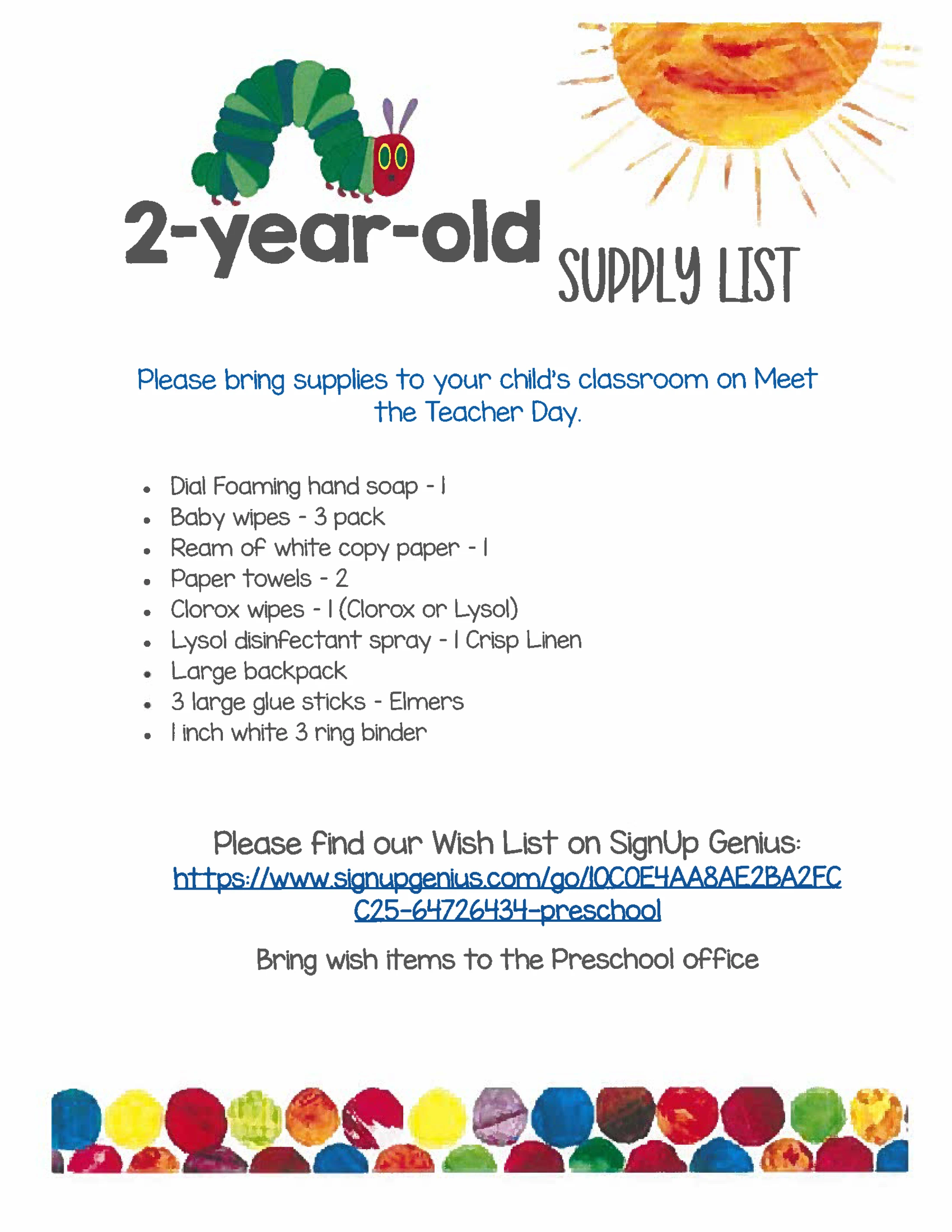 A school supply list for 2-year-olds decorated with a caterpillar and sun. The list includes items like soap, wipes, paper towels, and a backpack.
