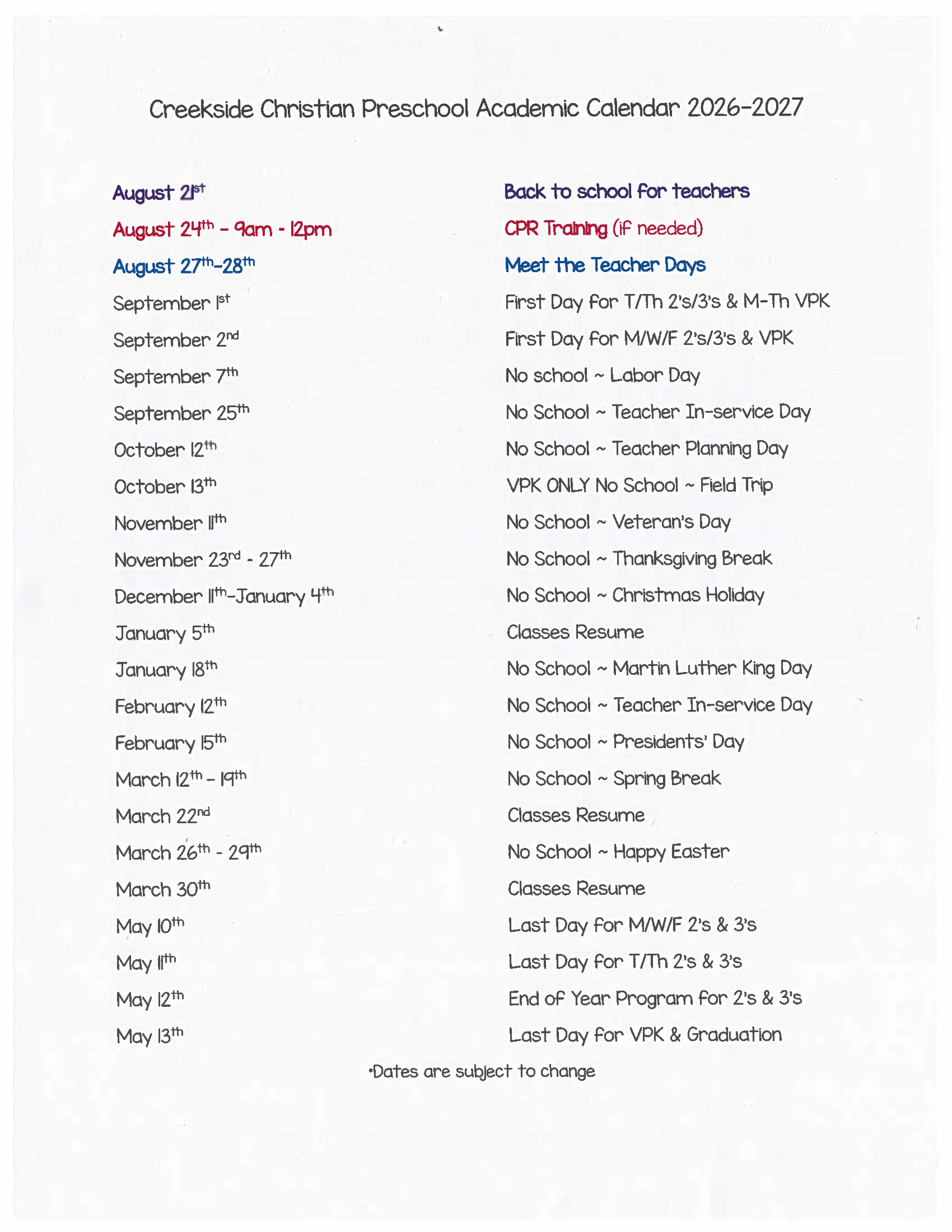 An academic calendar for Creekside Christian Preschool for the 2026-2027 school year, listing important dates, holidays, and school breaks from August to May.