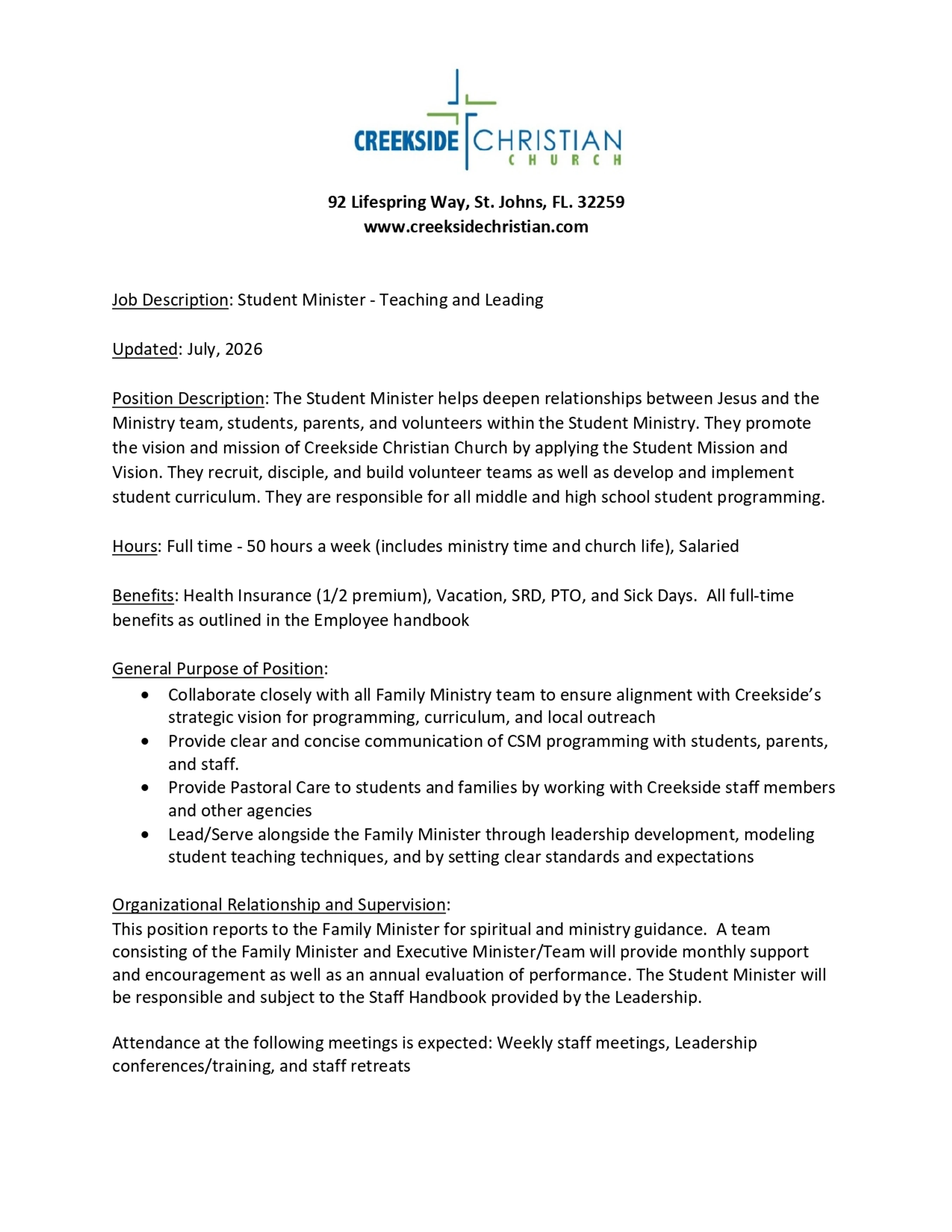 A document showing the job description for a Student Minister at Creekside Christian Church, including details on responsibilities, hours, and benefits.