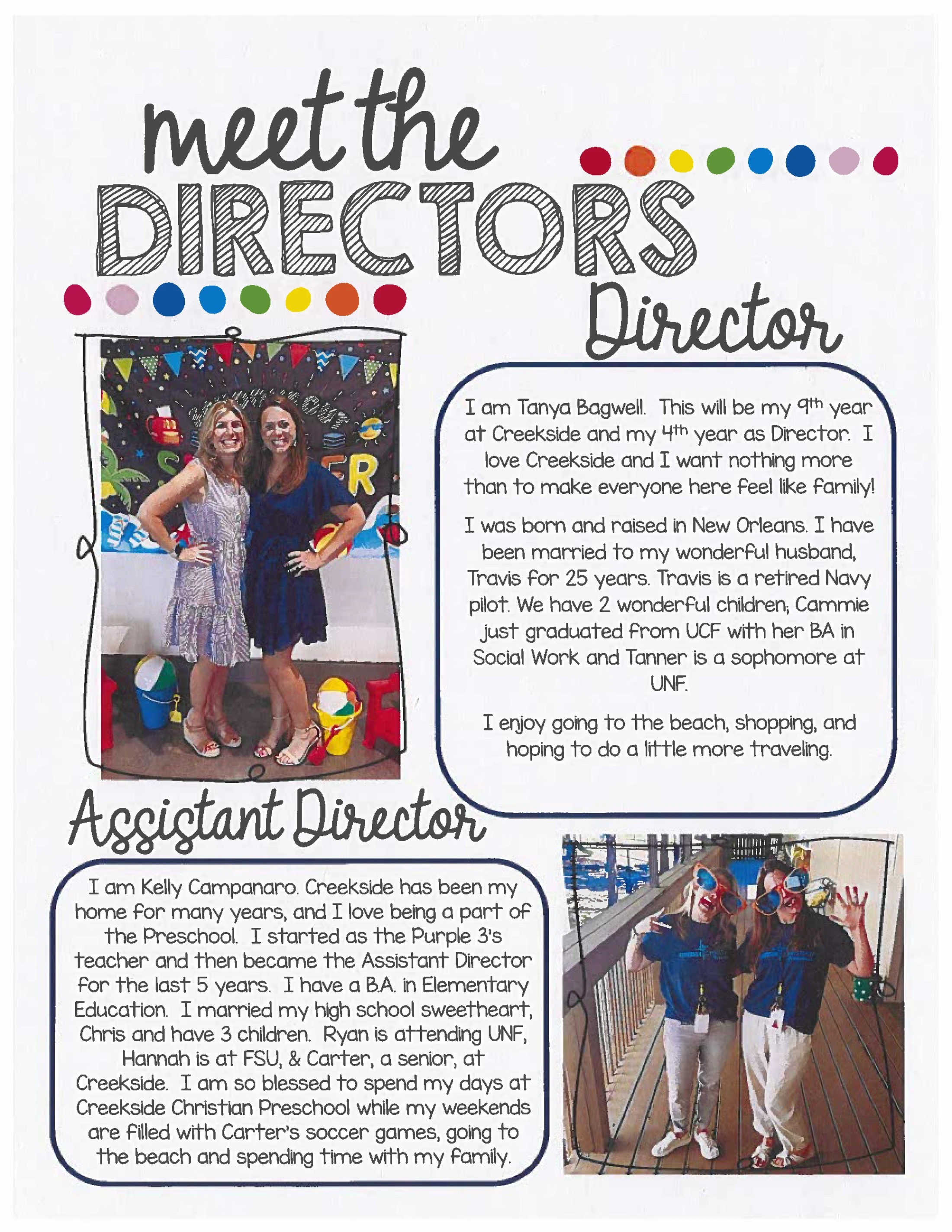 A flyer titled 'Meet the Directors' introducing Director Tanya Bagwell and Assistant Director Kelly Campanaro with their photos and personal biographies.