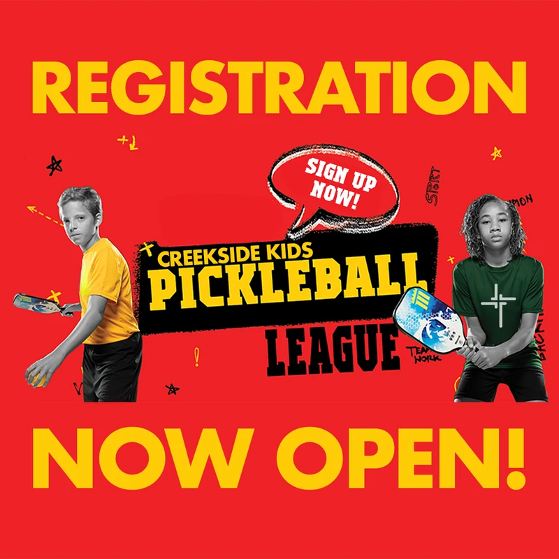 A red graphic announcing registration is open for the Creekside Kids Pickleball League, featuring a boy and a girl holding pickleball paddles.