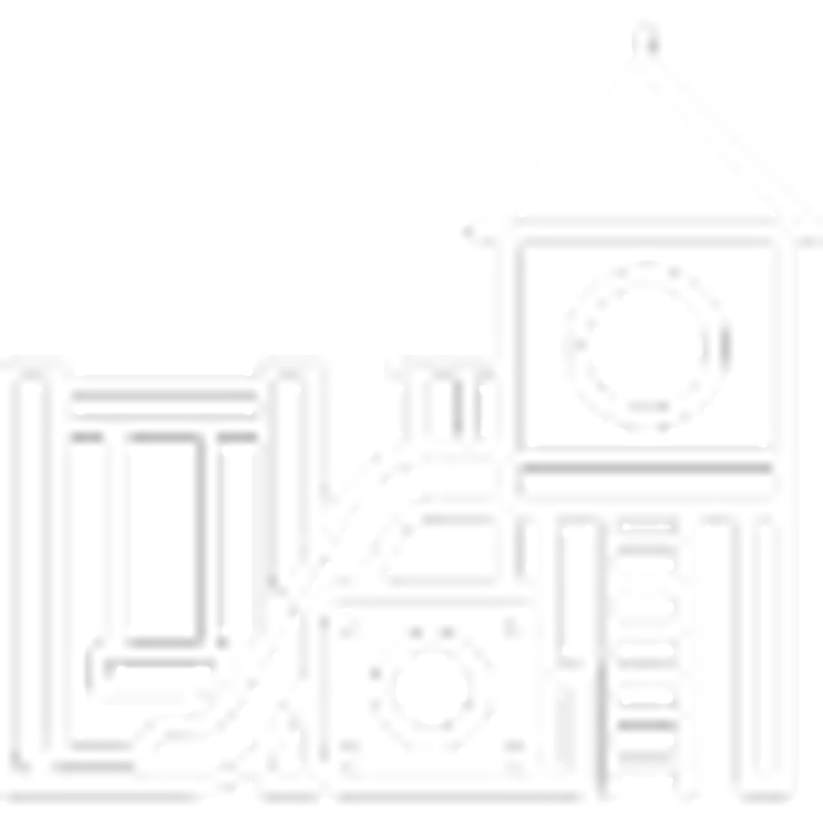 A minimalist white line art icon of an abstract cityscape with a dome and tower, rendered in thin lines on a white background, making it very subtle.