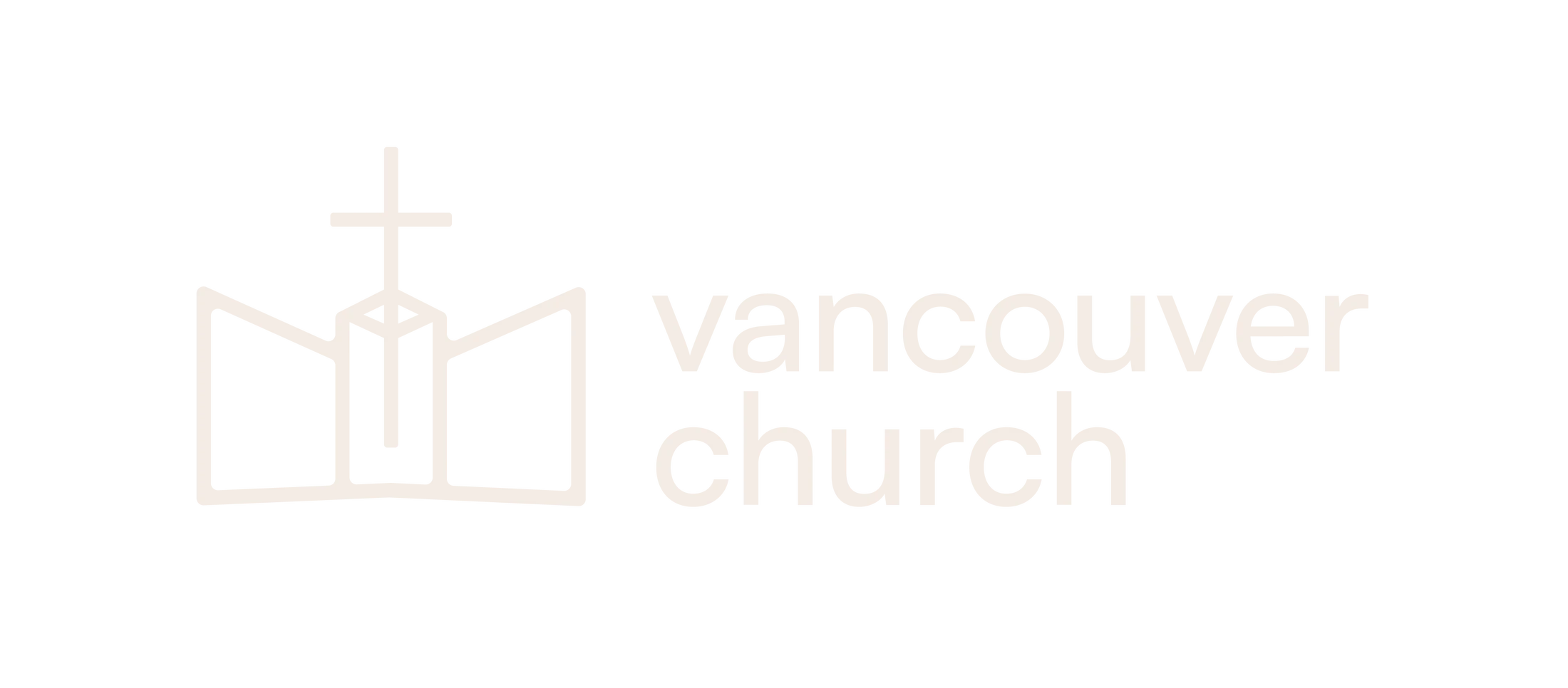 The Vancouver Church logo. An icon of an open book with a church steeple and cross is next to the lowercase text 'vancouver church' in a light beige color.