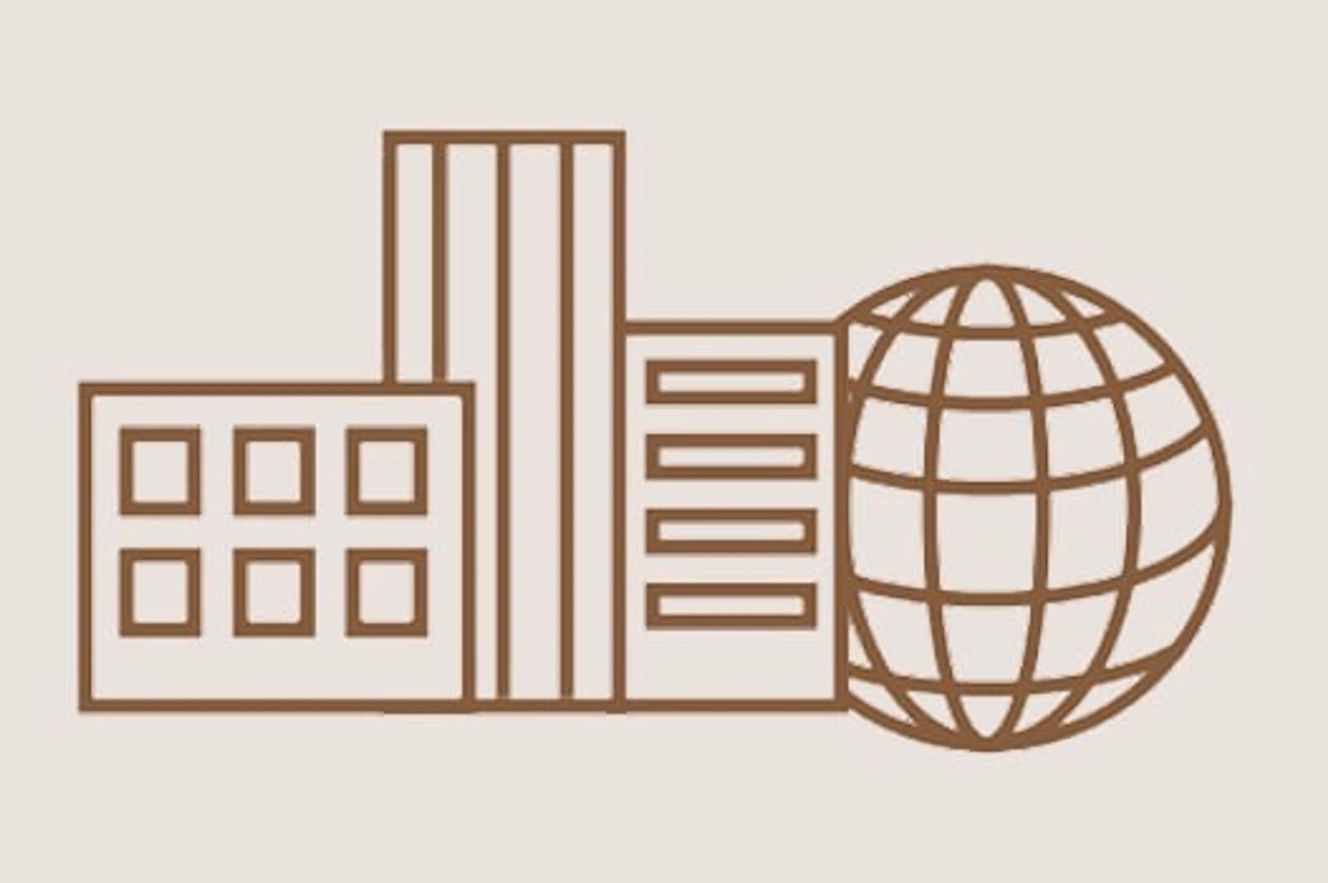 A simple line drawing of several office buildings and skyscrapers next to a wireframe globe, symbolizing international business.