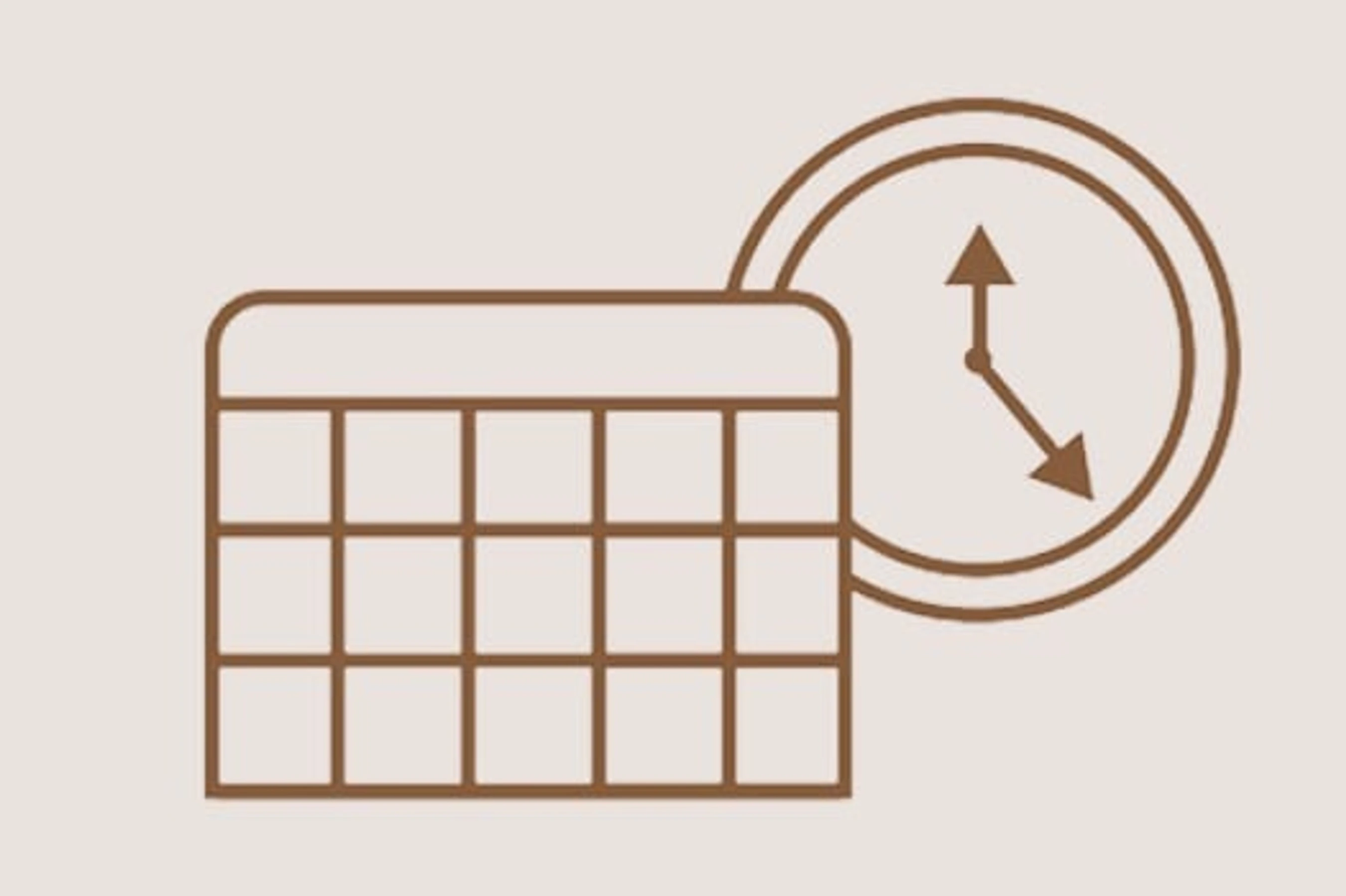 A brown line art icon of a gridded calendar next to an analog clock on a light beige background, symbolizing scheduling and time management.