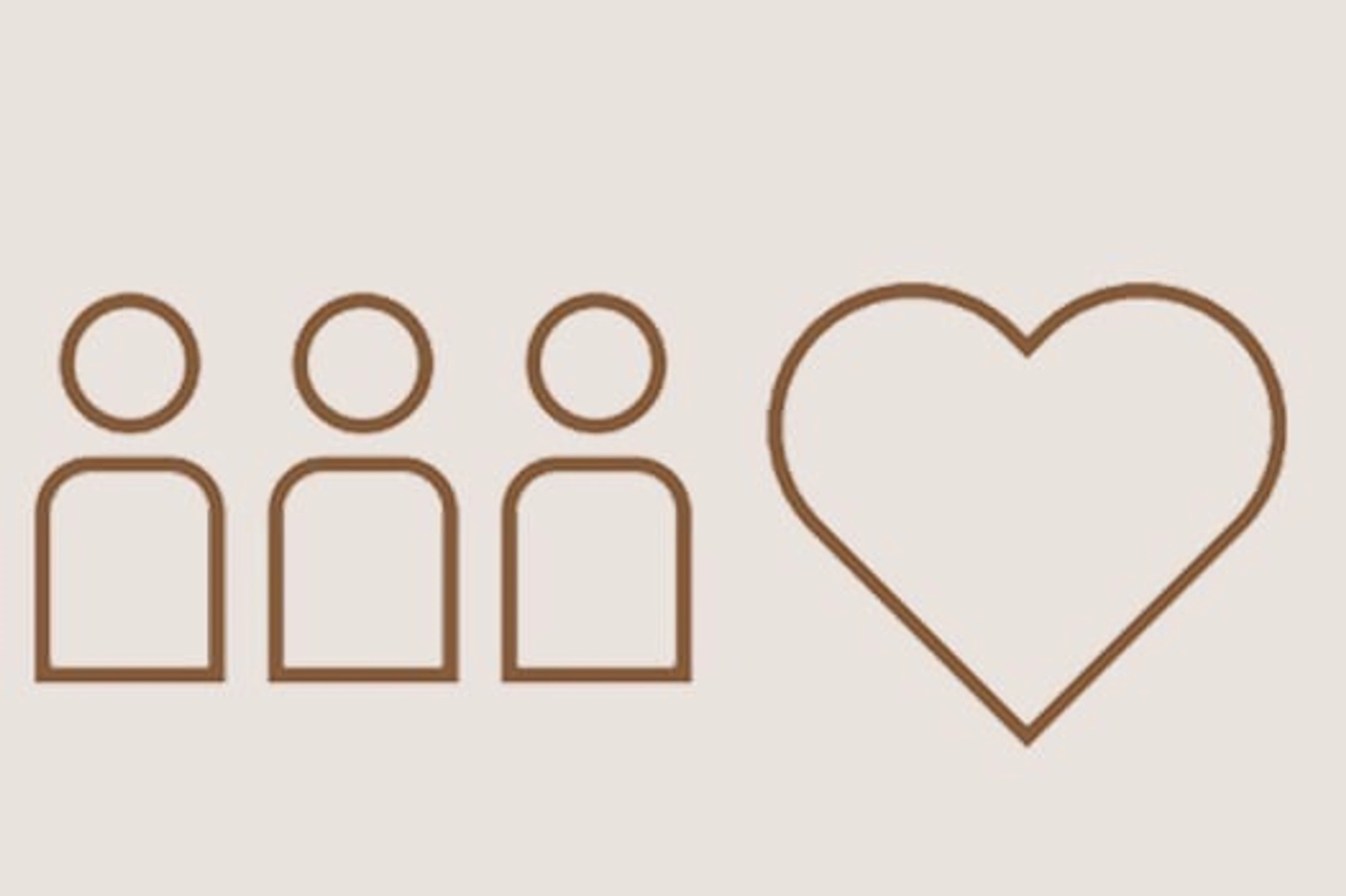 A simple graphic showing three brown line-art icons of people next to a large brown outline of a heart on a light beige background.