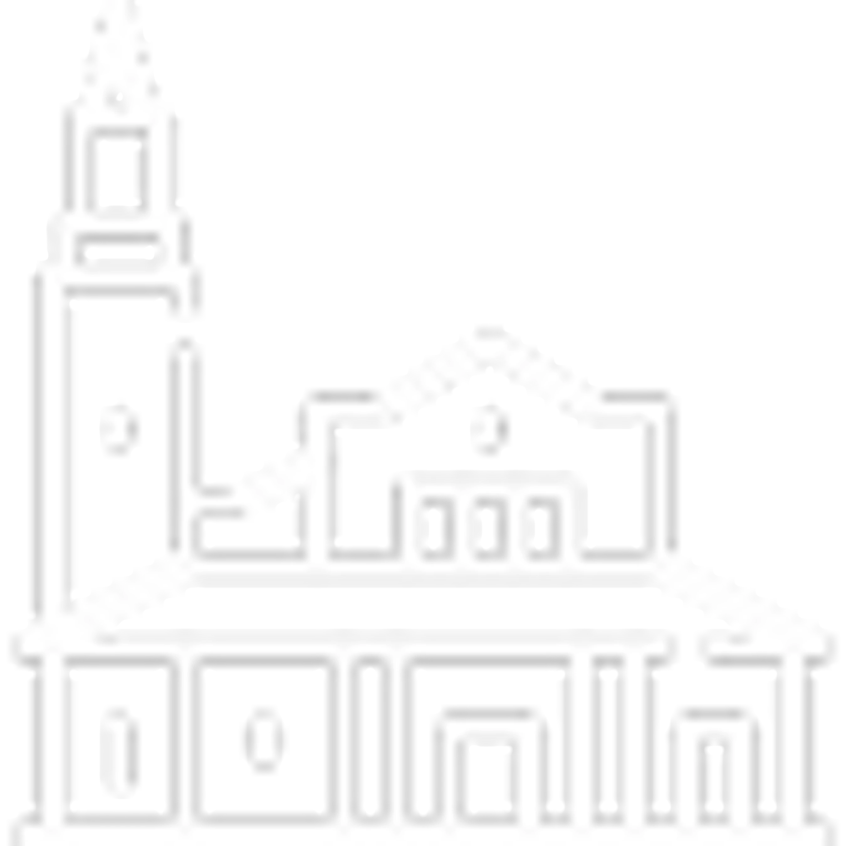 A minimalist white line art icon of a large building with a prominent tower on the left, a gabled roof in the center, and a wide, columned base.