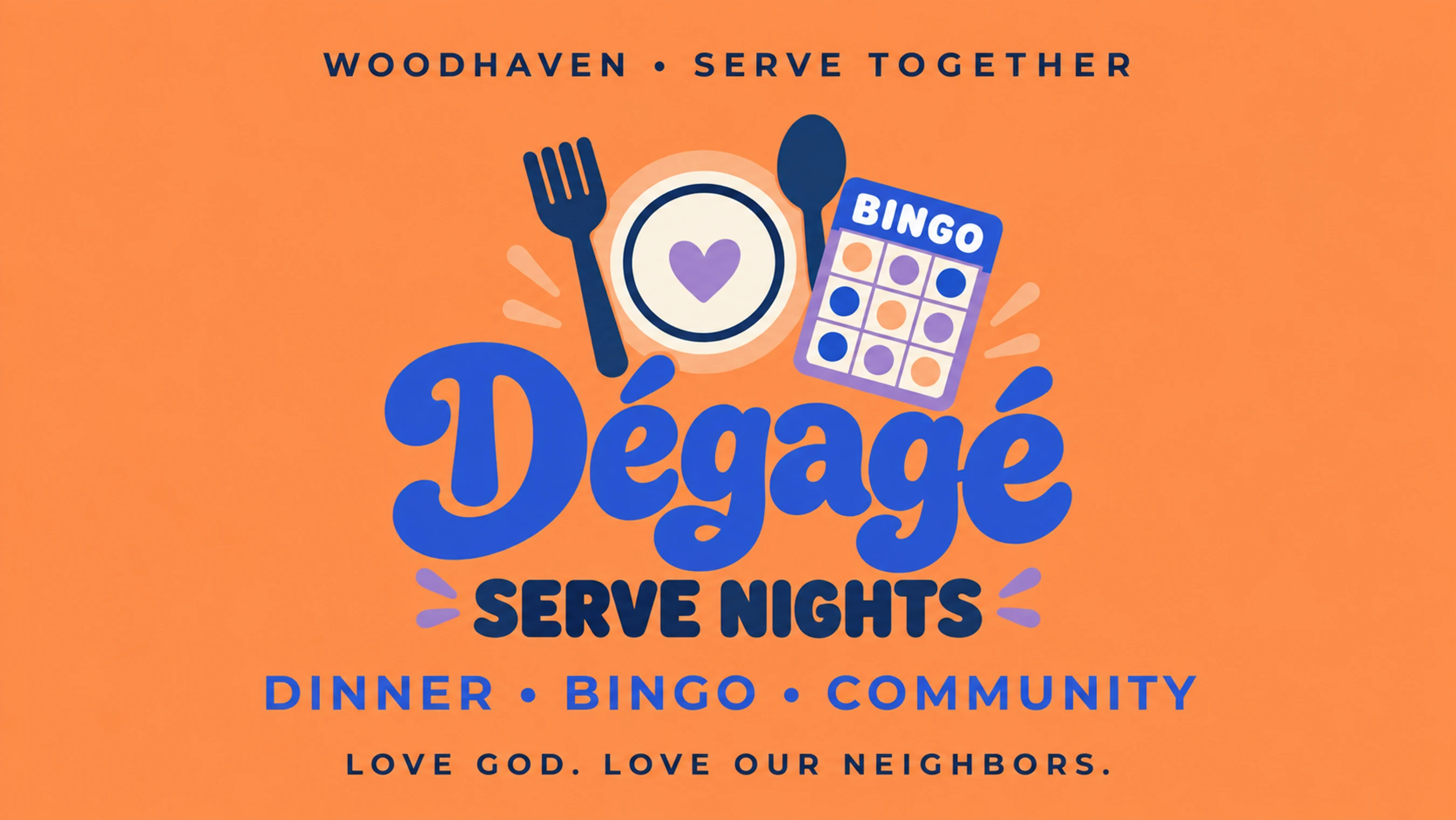 <span>Dégagé Serve Nights bring Woodhaven people together to serve and build friendships with our neighbors at Dégagé. Through sharing dinner, playing bingo, and spending time in conversation, we share the love of Jesus together.</span><span></span>