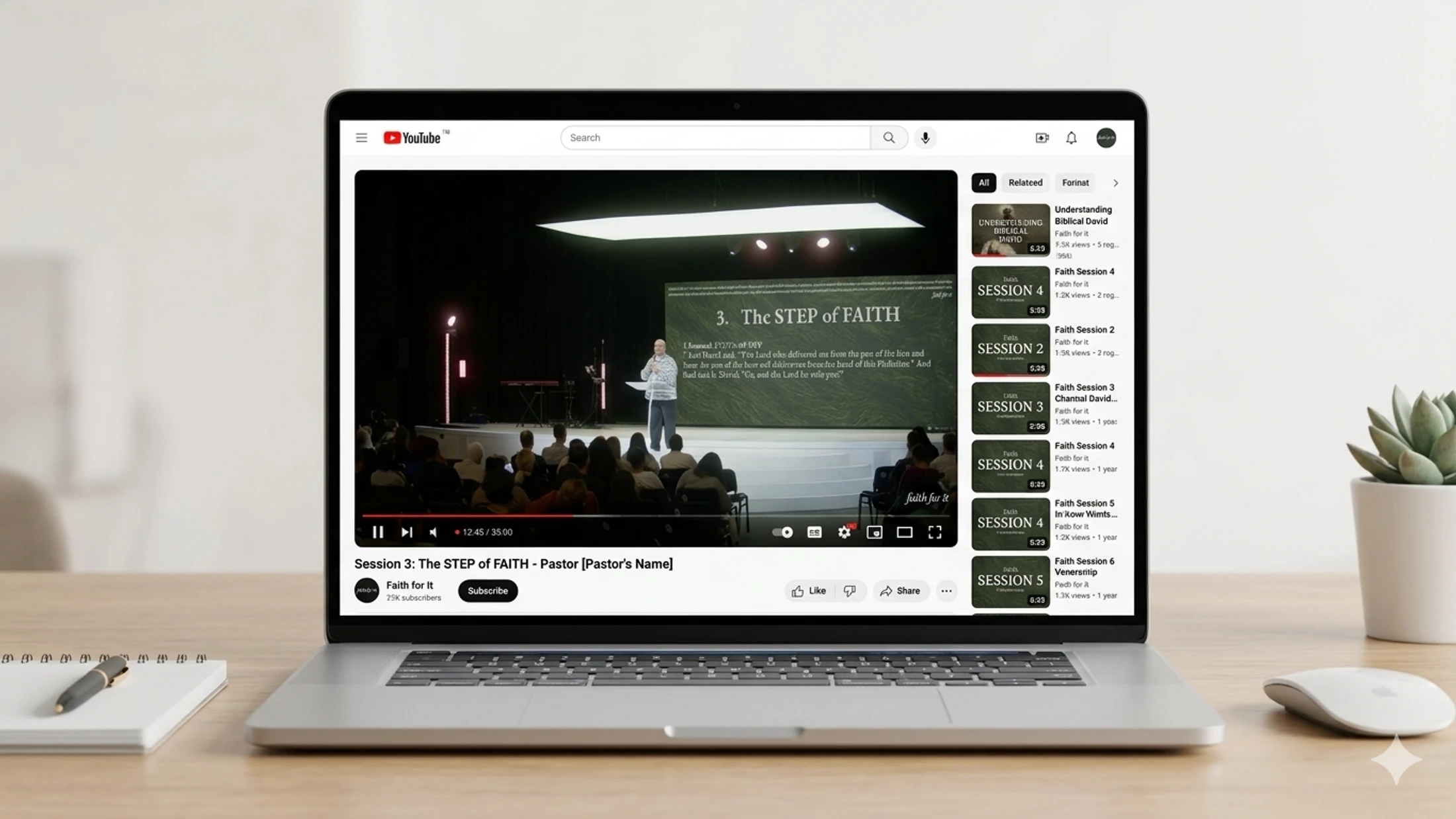 A laptop on a wooden desk showing a YouTube video of a pastor giving a sermon titled 'The STEP of FAITH' to an audience.