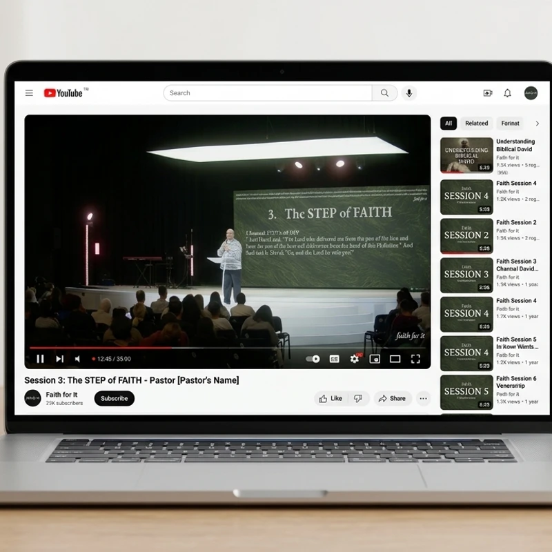 A laptop on a wooden desk showing a YouTube video of a pastor giving a sermon titled 'The STEP of FAITH' to an audience.