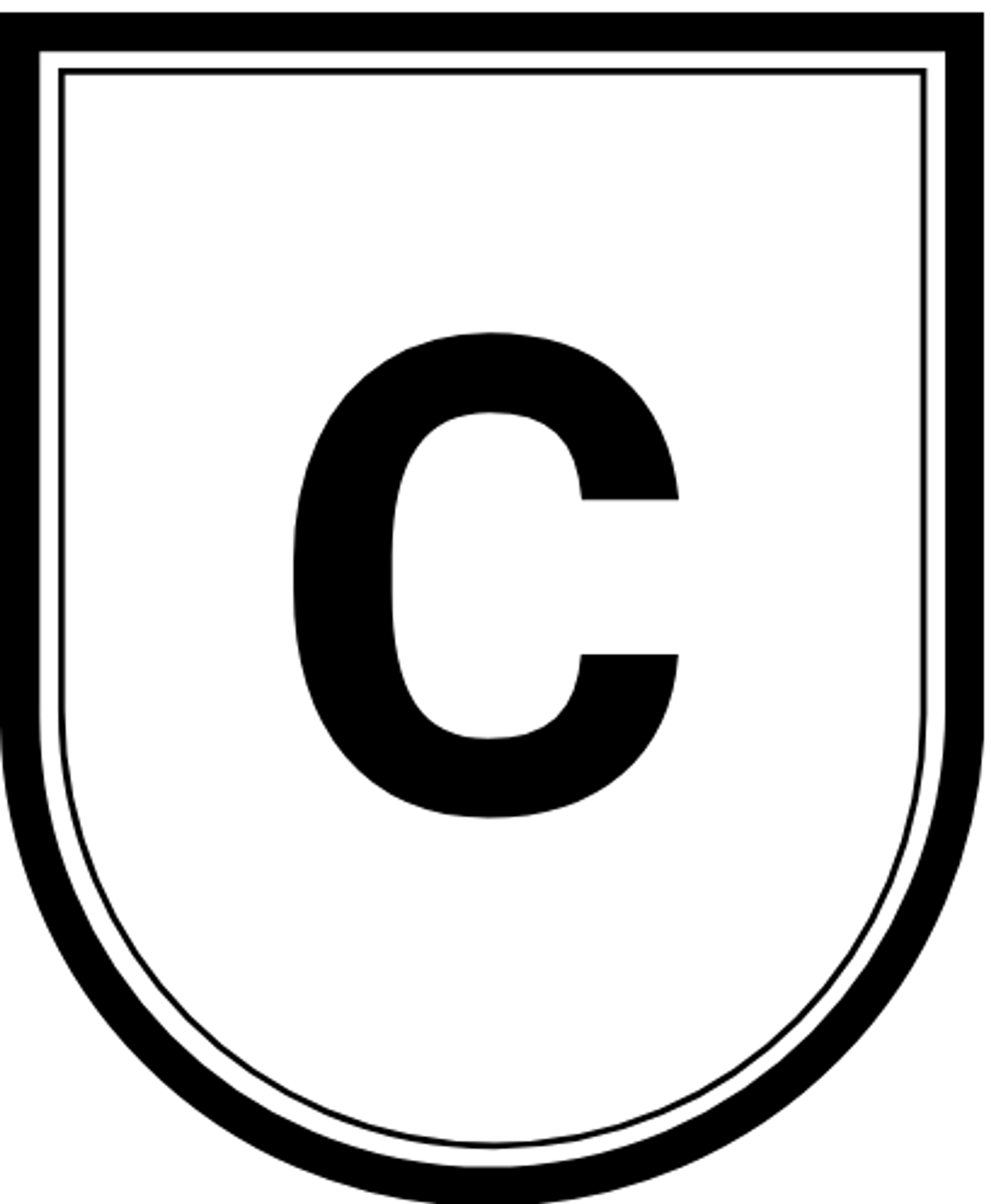 A white shield-shaped sign with a double black border and a large black capital letter 'C' in the center, used as a highway marker in Colombia.