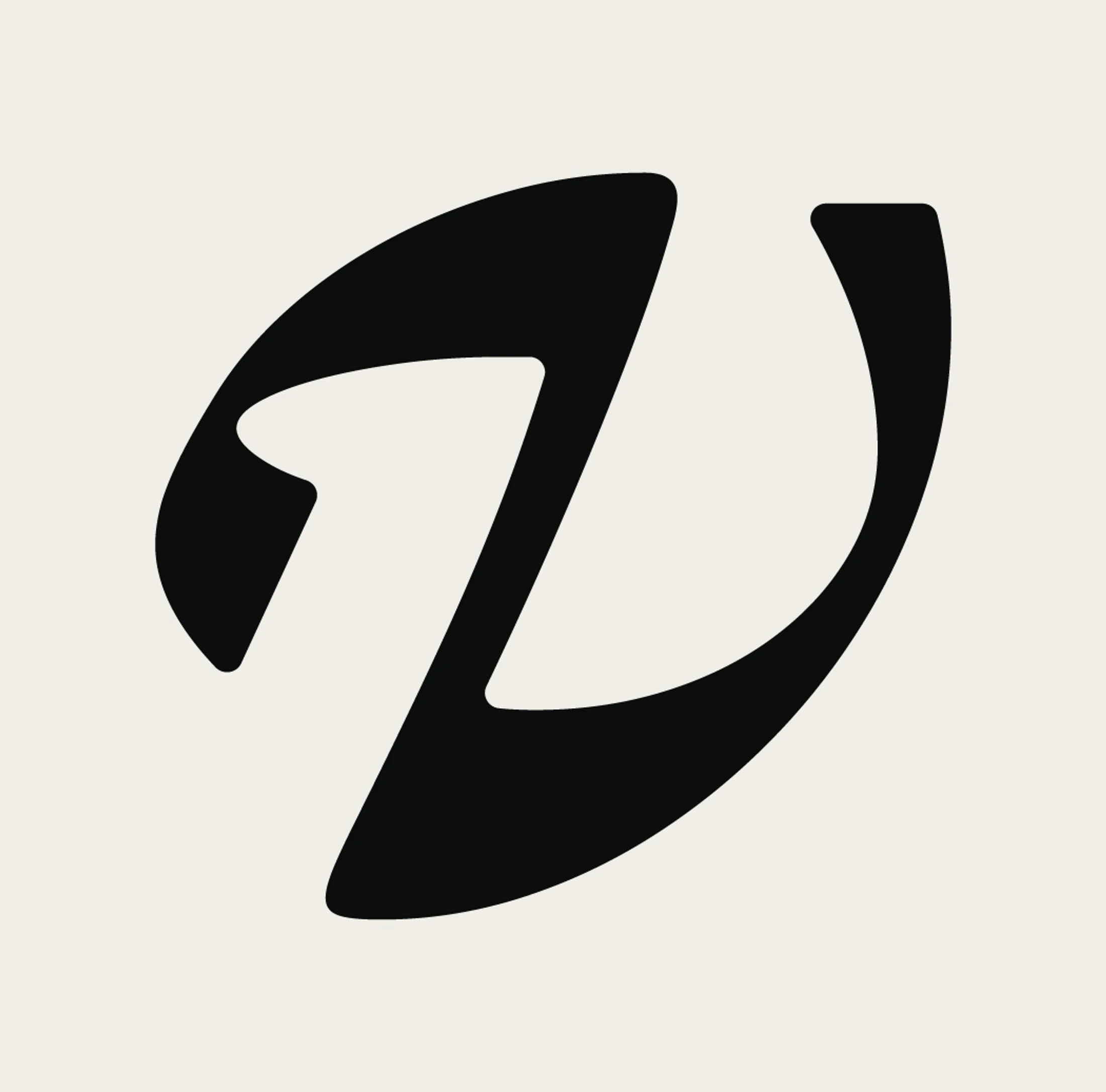 A minimalist graphic of a flowing, abstract black shape on an off-white background. The shape is calligraphic, with smooth curves and varying thickness.