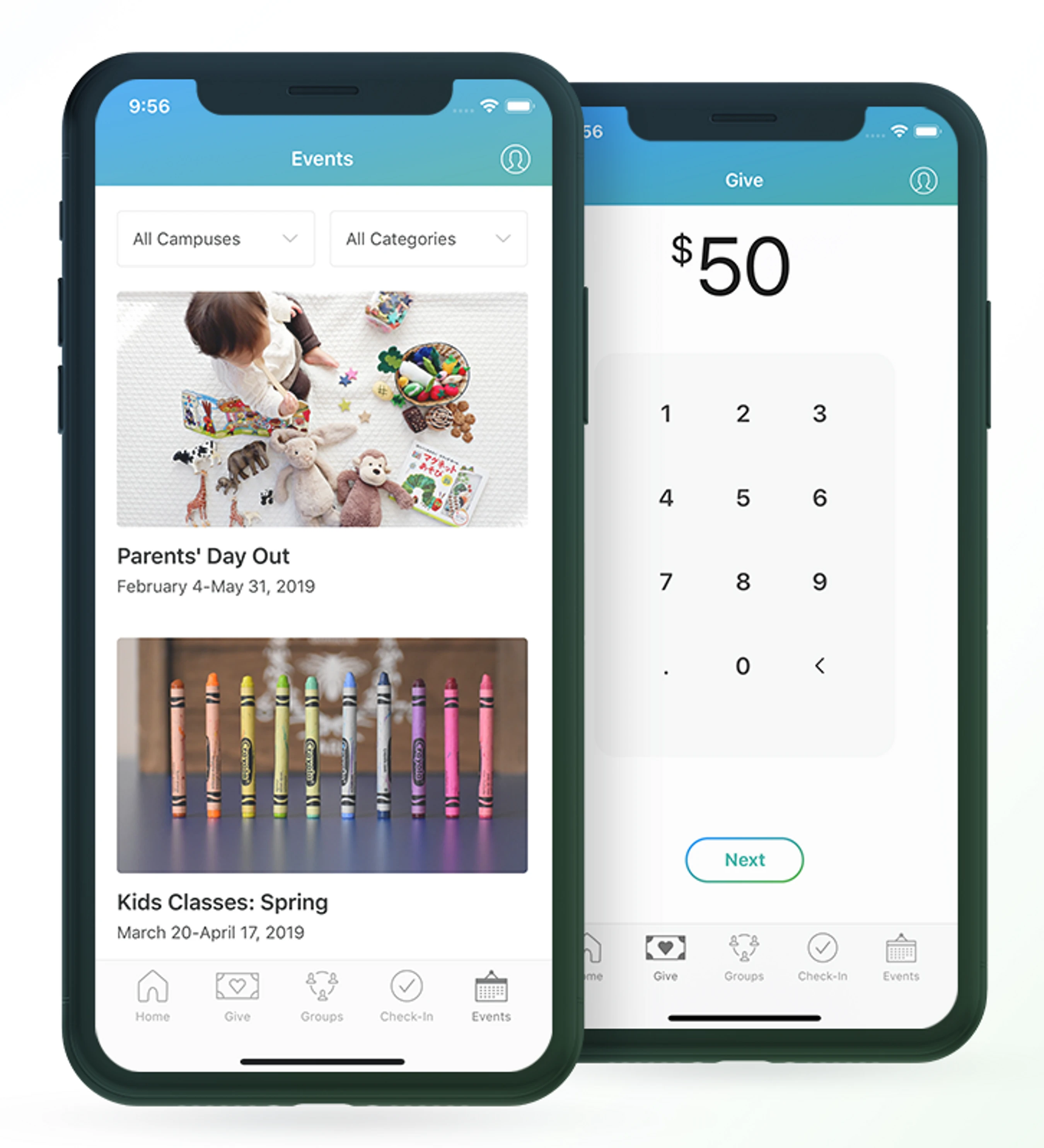 Two smartphones side-by-side. The left shows an app's event list with kids' activities. The right shows the app's 'Give' screen for making a $50 donation.