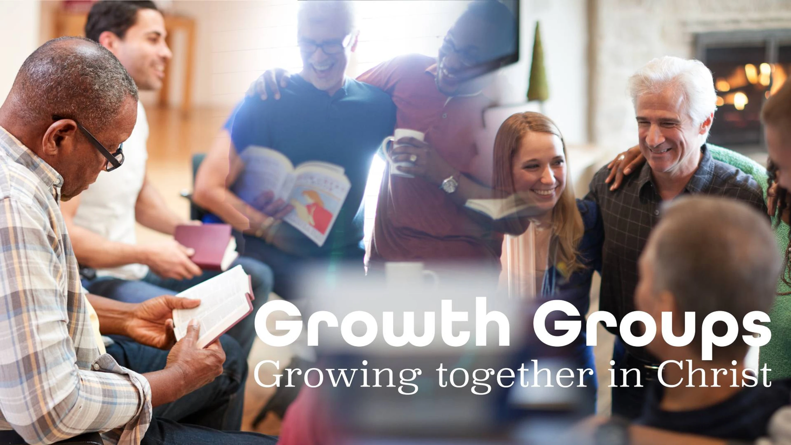 A diverse group of people smiles and laughs while sitting in a circle, reading and discussing books during a Christian growth group meeting.