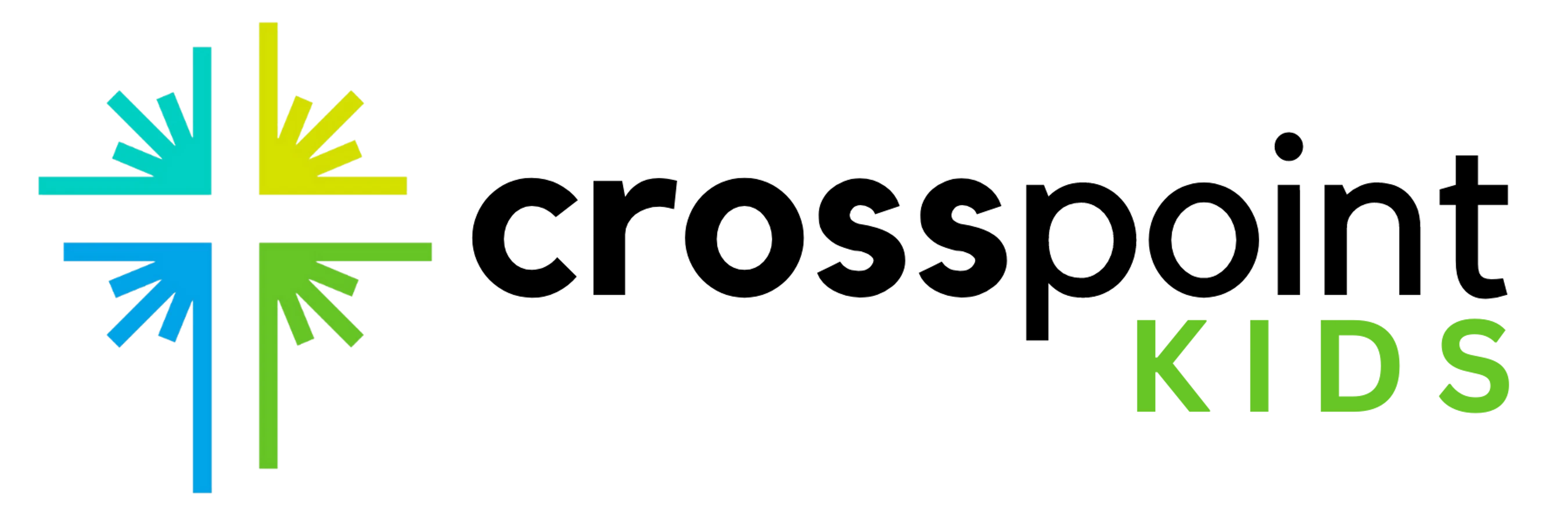 The Crosspoint Kids logo shows a cross made of four colorful arrows pointing inward, beside the word 'crosspoint' in black and 'KIDS' in green.