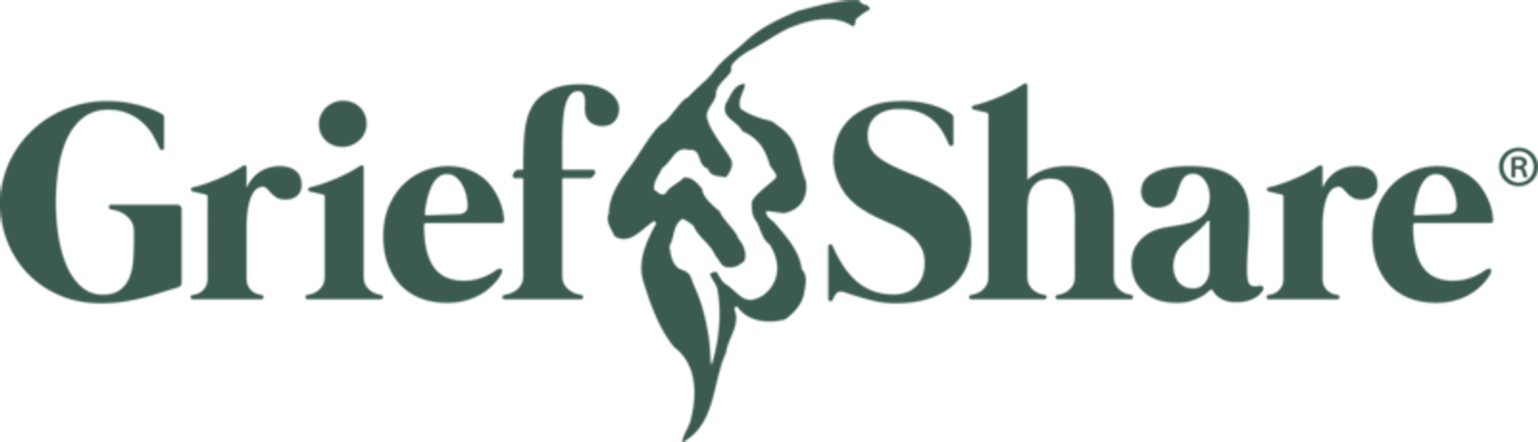 The official GriefShare logo in dark green serif font. A stylized leaf design separates the words 'Grief' and 'Share'.